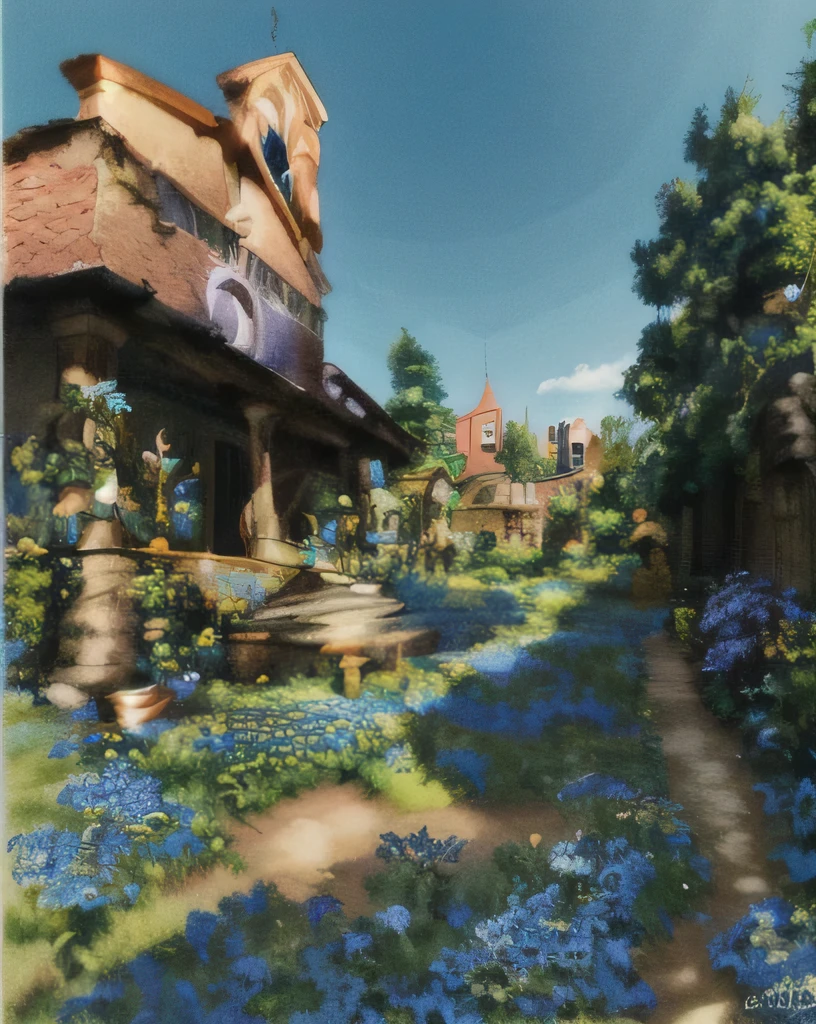 Architecture and Environment Cartoonization,blue sky,Bright flowers and plants。