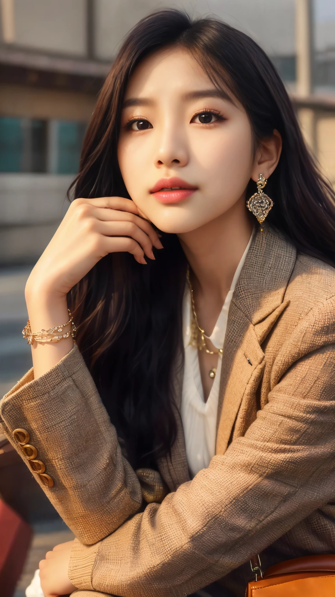 Woman sitting on a bench with a wallet and handbag, korean female fashion model, Ulzzang, Bae Suzy, beautiful young korean woman, gorgeous young korean woman, Shin Jin Young, beautiful korean woman, Hwang Se-ha, Highly fashionable and elegant, Nam Jae Young, elegant look, Choi Hong Hwa, beautiful images, elegant fashion model, korean girl