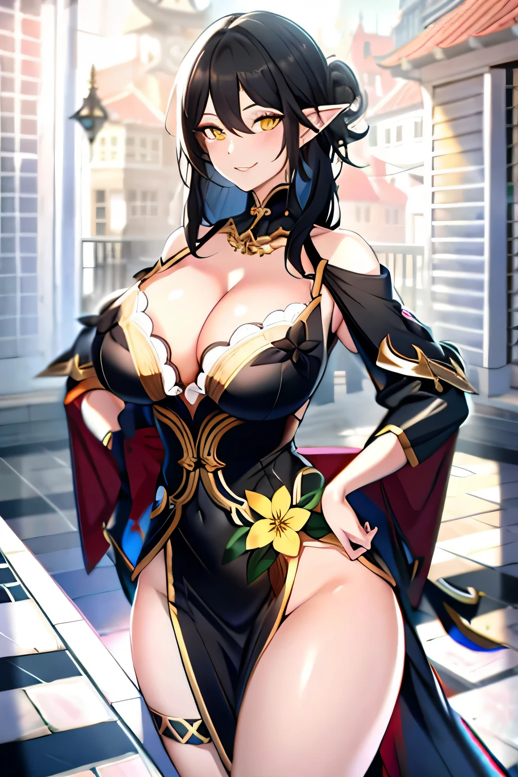 black hair, black colored dress, yellow eyes, elf ears, gigantic breasts, cleavage, bare legs, smiling,ultra-detailed(best quality,highres:1.2), ultra-detailed eyes