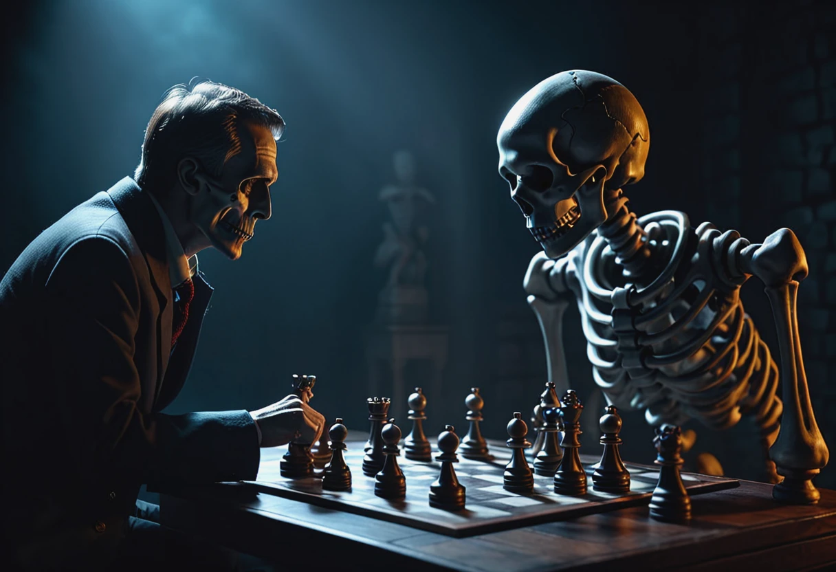 A man and a skeleton playing a final showdown game of chess in a dark room, haze lighting, 4k, uhd, masterpiece, vivid colours