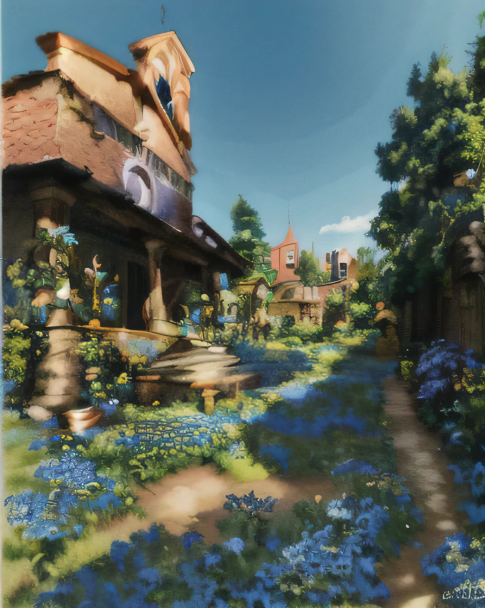 Architecture and Environment Cartoonization，blue sky，Bright flowers and plants。