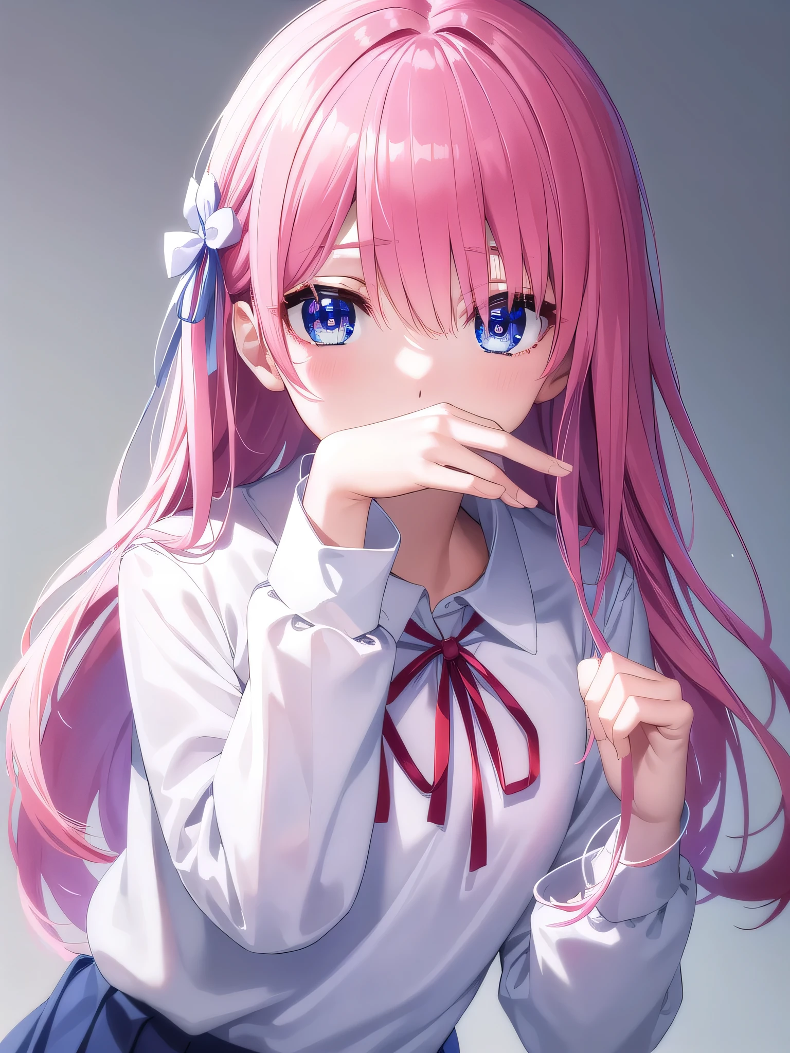 no background,white background,miyakoshikimori（1:5）, miyako shikimori, long hair, blue eyes, hair between eyes, pink hair, BREAK skirt, shirt, school uniform, white shirt, pleated skirt, collared shirt, sweater, gray skirt, ribbon, red ribbon, 壊す looking at viewer, destroy white background (masterpiece:1.2), highest quality, High resolution, unity 8k wallpaper, (shape:0.8), (fine and beautiful eyes:1.6), highly detailed face, perfect lighting, Very detailed CG, (perfect hands, perfect anatomy)