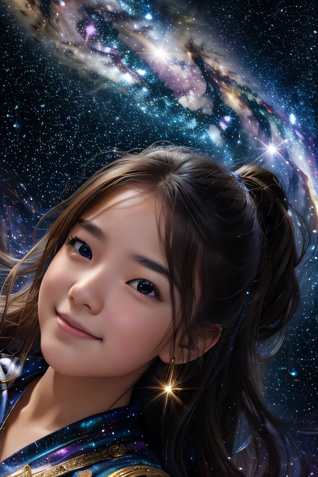 high detail, Super detailed, ultra high resolution, A girl enjoying time in a dream galaxy, surrounded by stars, a warm light shining on her, The background is a starry sky with colorful galaxies and galactic clouds, stars are flying around her, delicate face, Add a playful atmosphere , 