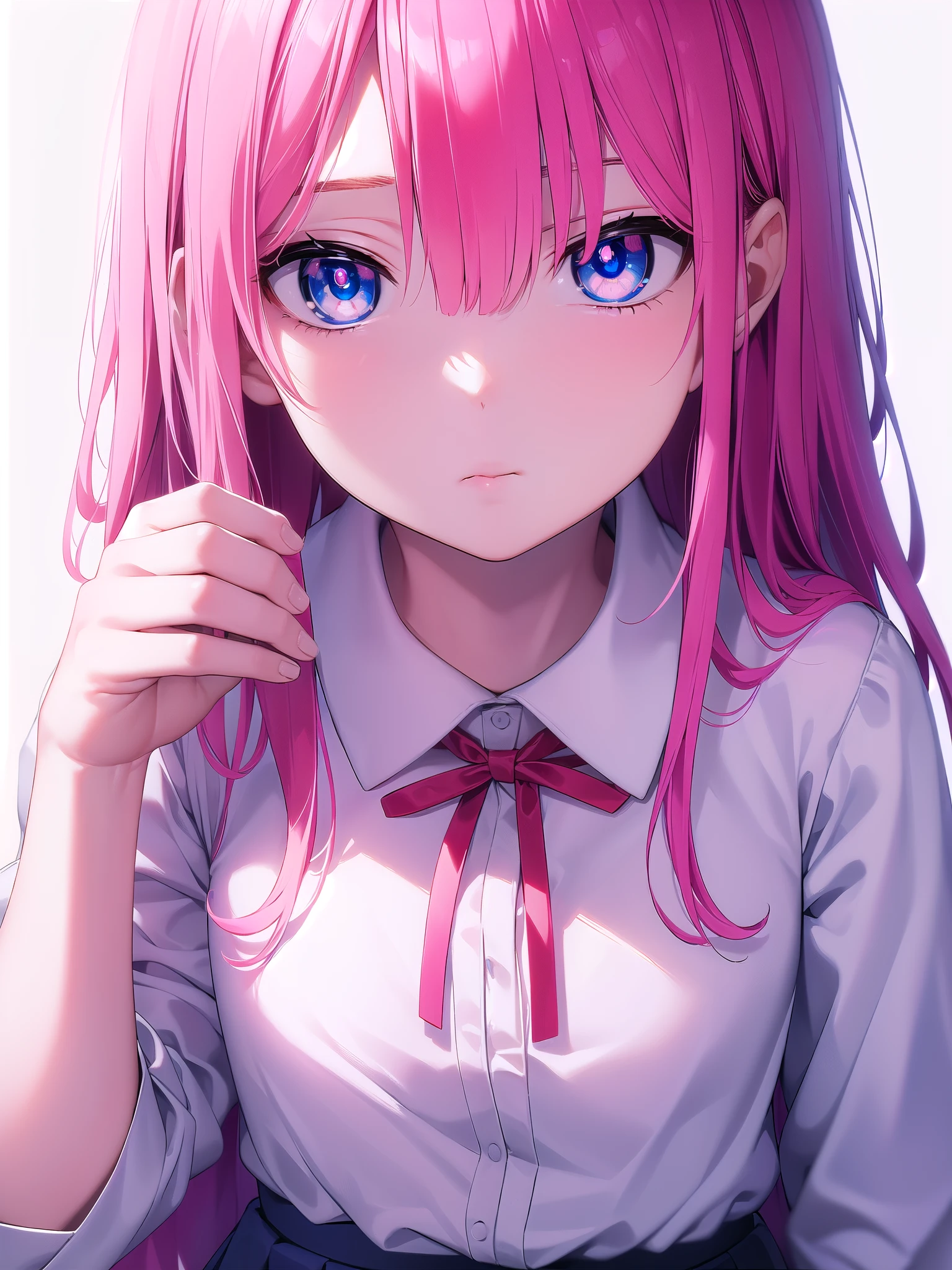 no background,white background,miyakoshikimori(1:5), miyako shikimori, long hair, blue eyes, hair between eyes, pink hair, break skirt, shirt, school uniform, white shirt, pleated skirt, collared shirt, sweater, gray skirt, ribbon, red ribbon, 壊す looking at viewer, destroy white background (masterpiece:1.2), highest quality, High resolution, unity 8k wallpaper, (figure:0.8), (detailed and beautiful eyes:1.6), highly detailed face, perfect lighting, Very detailed CG, (perfect hands, perfect anatomy)