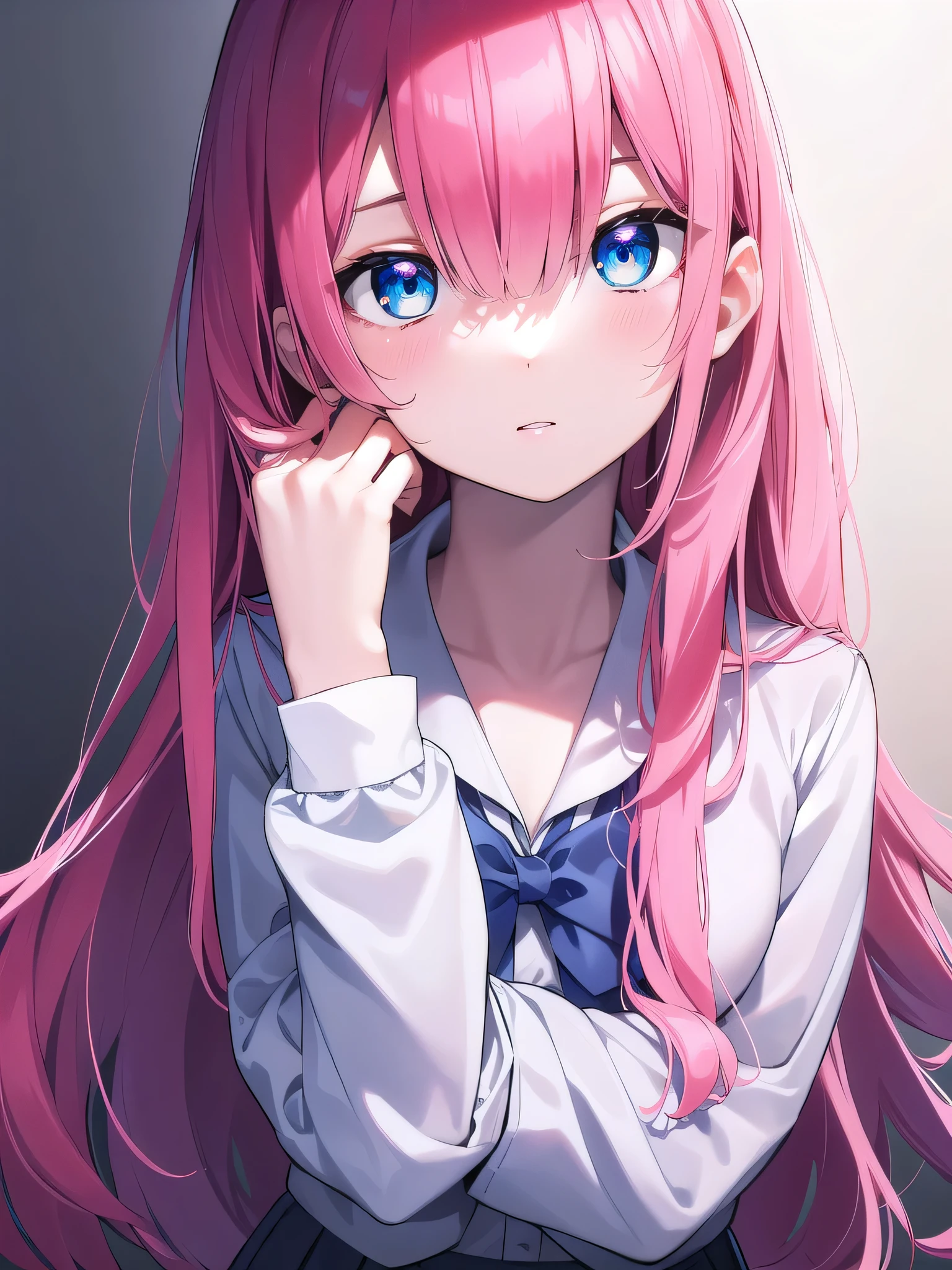 no background,white background,miyakoshikimori(1:5), miyako shikimori, long hair, blue eyes, hair between eyes, pink hair, BREAK skirt, shirt, school uniform, white shirt, pleated skirt, collared shirt, sweater, gray skirt, ribbon, red ribbon, 壊す looking at viewer, destroy white background (masterpiece:1.2), highest quality, High resolution, unity 8k wallpaper, (shape:0.8), (fine and beautiful eyes:1.6), highly detailed face, perfect lighting, Very detailed CG, (perfect hands, perfect anatomy)