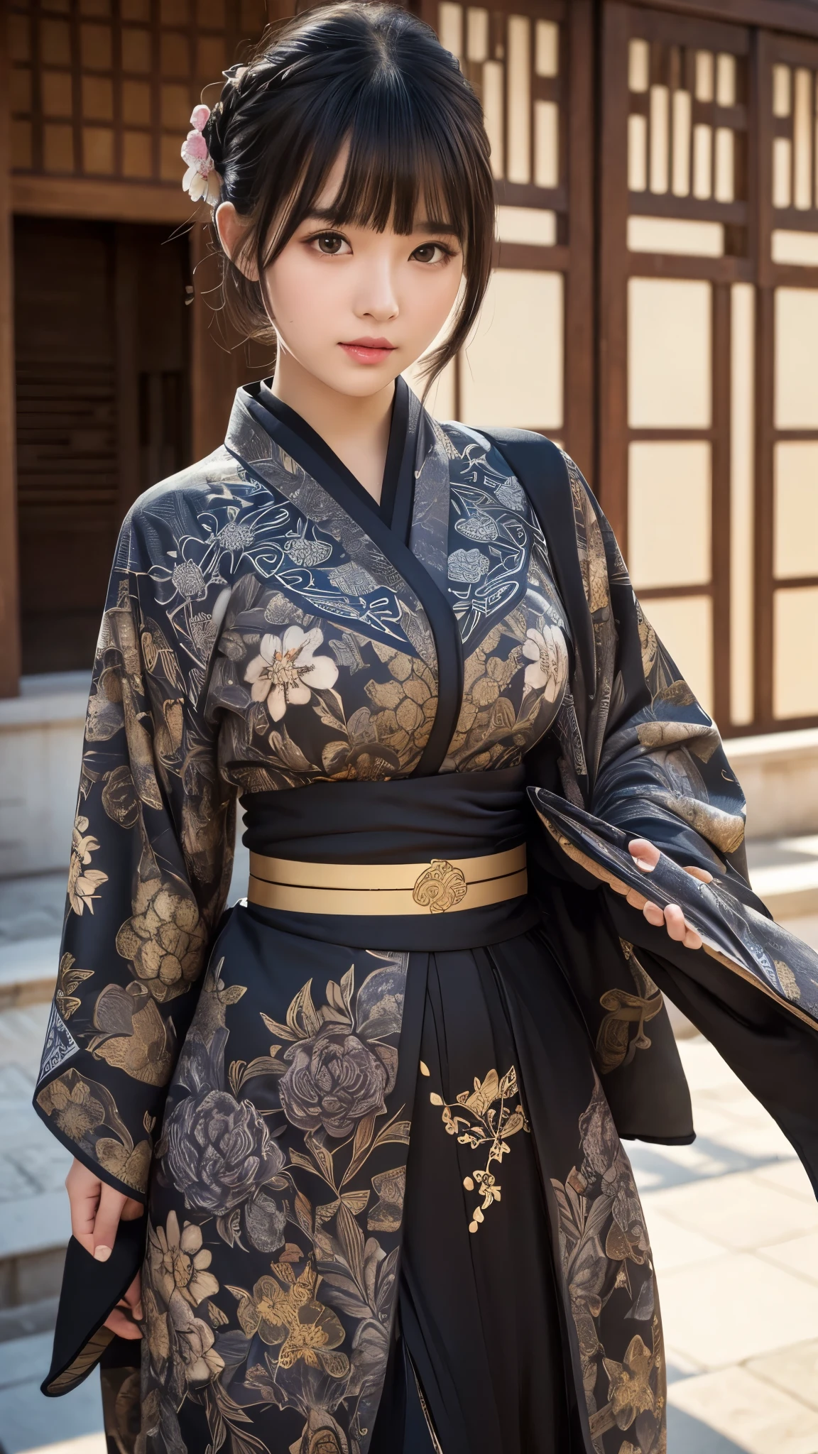 ((best quality)), ((muste piece)), (detailed face), (highlight), Emphasizes large breasts、young girl、blunt bangs、black hair、Patterned kimono、armor