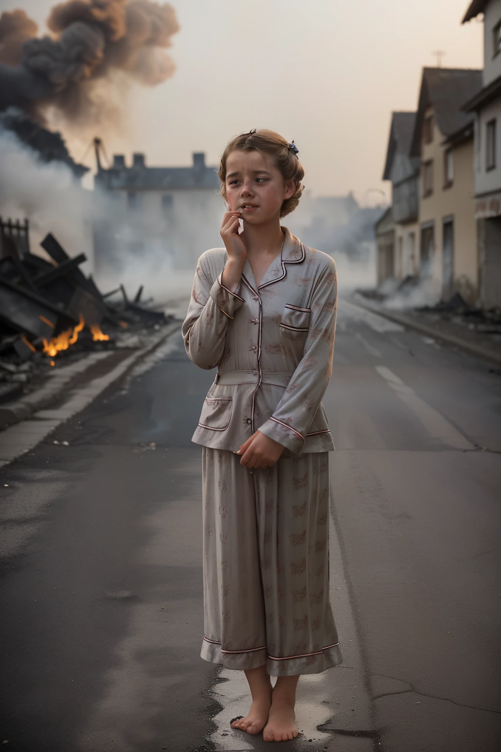 Molching, Germany, 1943. ((((14-year-old)) Liesel Meminger)), very thin, kind, big-hearted, dangerous dark eyes, standing in the street, ruins, ashes, smoke, ((((grief expression)))). ((((pyjammas from the 1940s)))), ((dark-blond hairstyle of the 1940s))