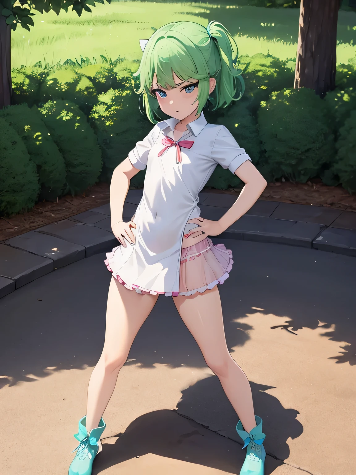 highest quality、ultra high resolution、Professional specifications、green hair,green eyes、embarrassing、(collar),(lead)、((elementary school girl))、((flat chest))、medium hair、((The outline shines))、((stand with hands on hips:1.5))、((From under her feet:1.8))、small ass、((white panties))、school classroom、(())、lolicon、(((sd your legs wide open)))、turned up skirt、panties close up、pink and white dress、Children&#39;s wear、red ribbon、(((Transparent)))、cat emphasis、open your mouth、彼女はパンティを見られるのがembarrassing、The man put hiface inside her skirt and kissed her pussy.、Although she was very shy, she shook her hips and was happy..、when his mouth sucked on my clit、she felt so good、I leaked pee.、She accepted the pleasure and rubbed her crotch against the man.&#39;face.