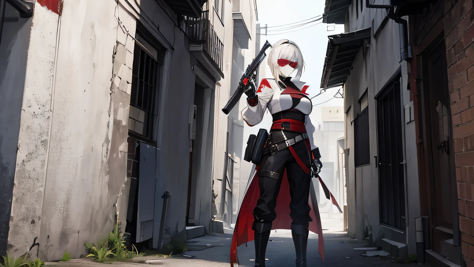 white hair, A stern-faced woman stands with a gun pointed at the wall in an alley., Wearing a blood-stained white ninja outfit. and wore round yellow-lensed glasses on his head..
