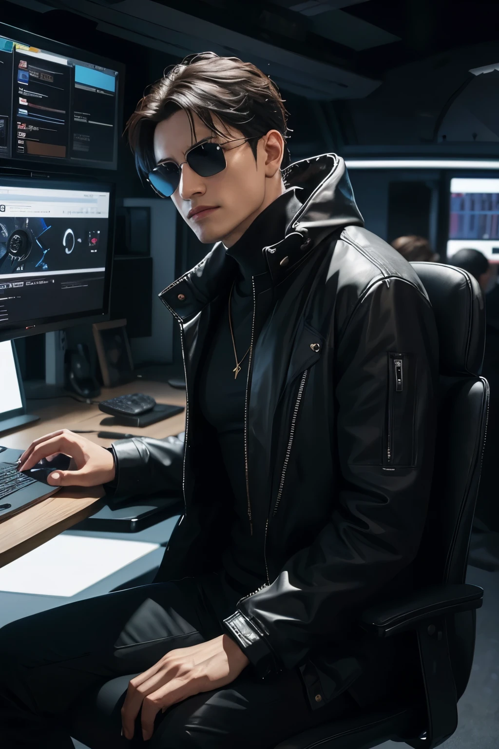 Morpheus from the movie "The Matrix" sits in an authoritative yet relaxed pose behind a meticulously designed, futuristic computer desk. The desk exudes a top-quality craftsmanship with sleek lines and a glossy finish. Multiple state-of-the-art monitors are positioned behind him, forming an impressive wall of technology. Each monitor displays a different social media platform, including YouTube, TikTok, Instagram, Facebook, and WhatsApp, symbolizing Morpheus' deep understanding and control over the digital realm.

In the background, a mesmerizing visual juxtaposition unfolds. The vast expanse of outer space stretches out, dotted with celestial bodies and swirling galaxies. Alternatively, a sprawling cityscape may sprawl behind him, with towering skyscrapers and bustling streets capturing the