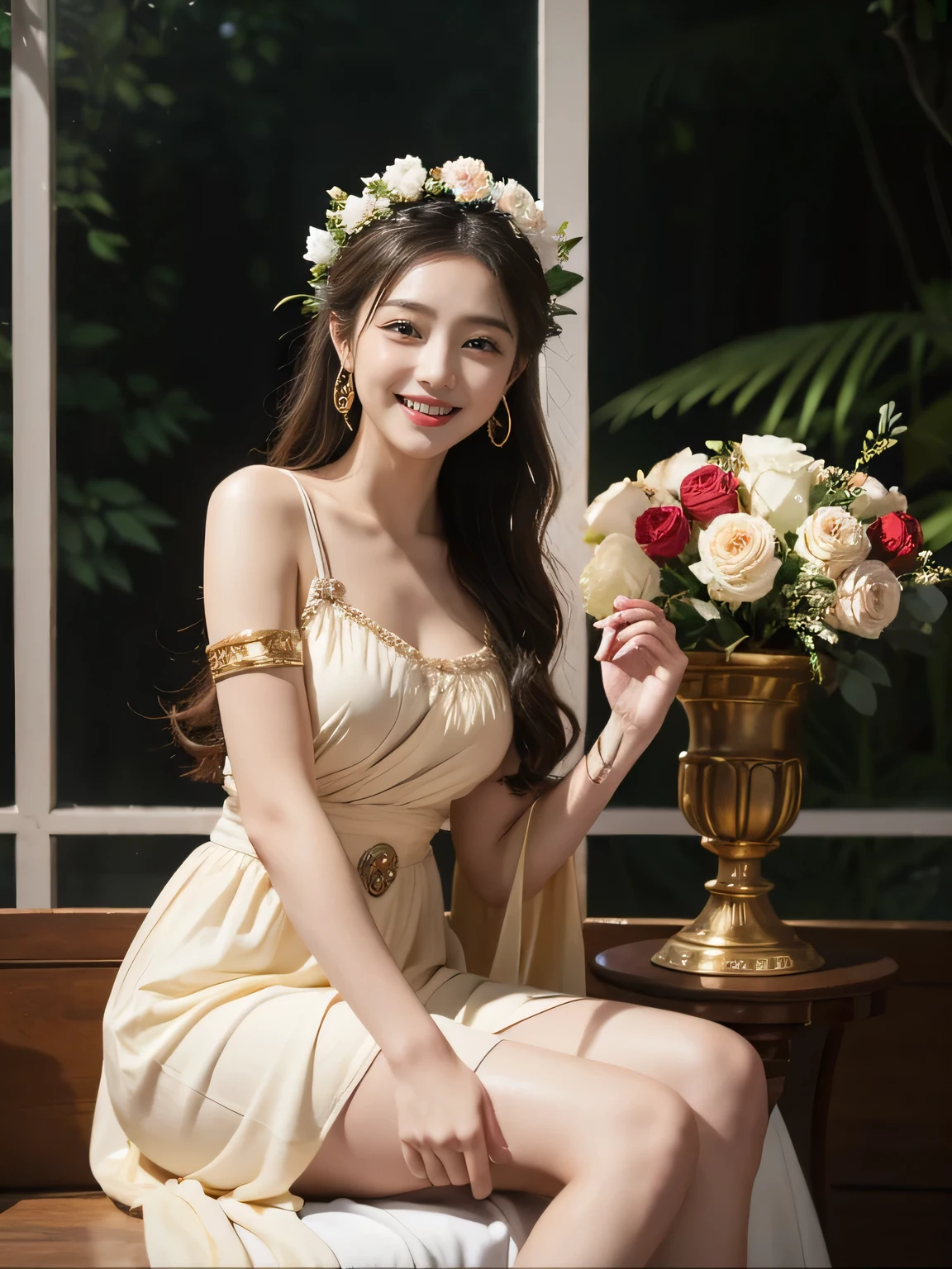 Raffaello Santi painting style,Arguments of two female P、roses in vase、fruits、Cute trinkets、smile、ancient greek costume、Background is a forest lake at night ,A big smile painting style,Arguments of two female P、roses in vase、fruits、Cute trinkets、smile、ancient greek costume、Background is a forest lake at night ,A big smile、beautiful bare skin,