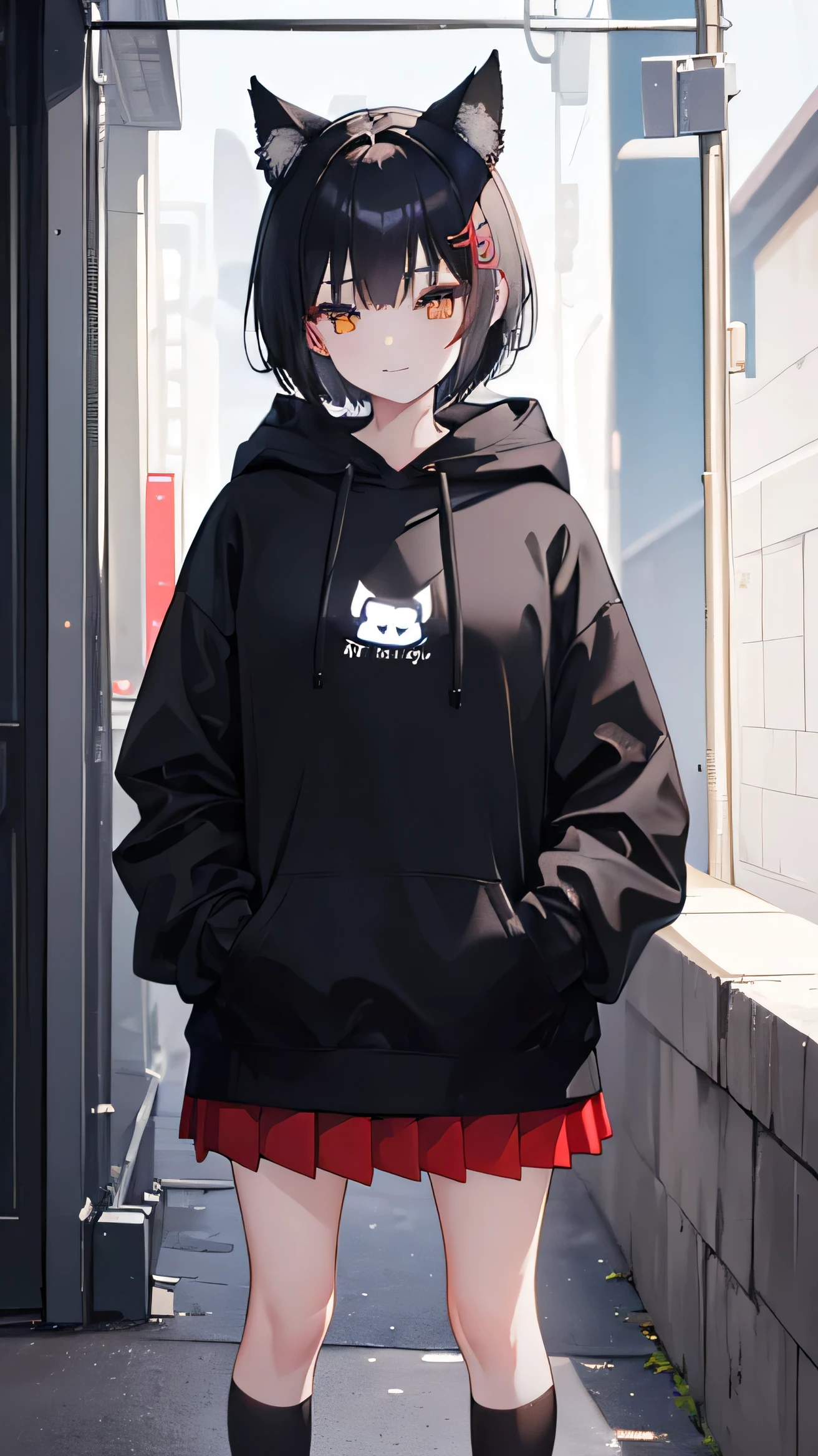 (highest quality, masterpiece: 1.2), Super fine, ultra high resolution, very delicate and beautiful, every detail, girl, Wearing a black cat ear hood, black short hair, wearing a black hoodie, Parker with his hands in his pockets, red skirt, black socks, black shoes, light smile