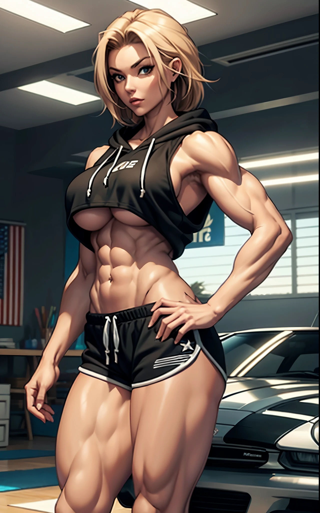muscular female, muscle mommy, milf, large breasts,1girl,solo,abs,muscular,Cropped hoodie and jogger shorts with a drawstring waistband
