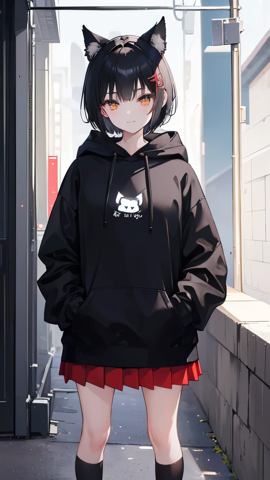 (Top Quality, Masterpiece: 1.2), Ultra-definition, Ultra-high resolution, Very delicate and beautiful, Every detail, Girl, Wearing a black cat ear hood, Black short hair, Wearing a black hoodie, Hoodie hands in pockets, red skirt, black socks, black shoes, light smile