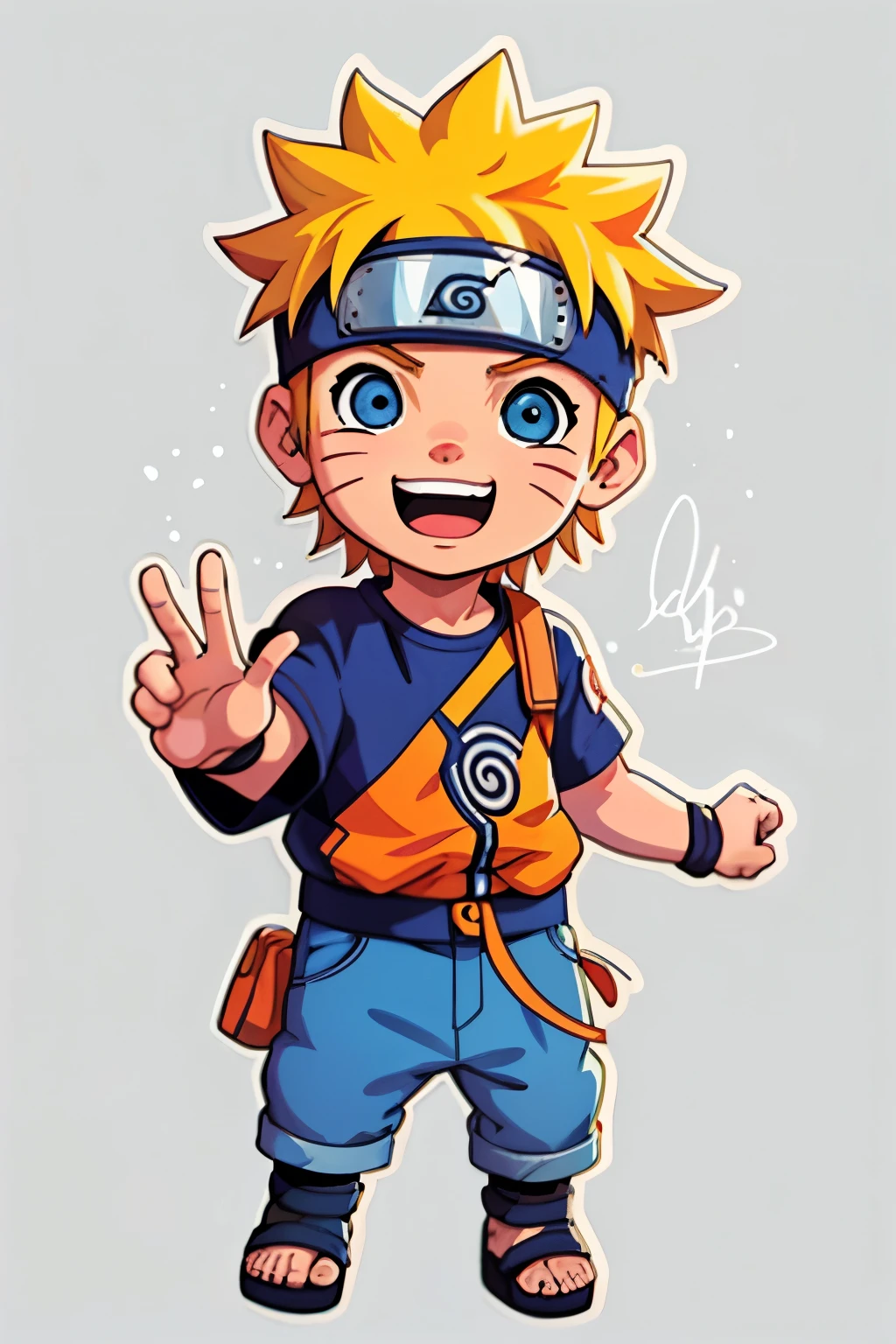 masterpiece, Designed exclusively for me by Naruto with his laughter and captivating smile, Delivering a simple yet effective T-shirt design, Top quality, High Definition, RO1, Cartoon style, Naruto character, Blue and white colors, Worn casually, Relaxed posture, Playful expression, Basic design elements, Enjoying the moment, Radiating happiness, Casual wear, T-shirt print, Humorous and charming, Naruto's signature, Elegant font, Wearable art.