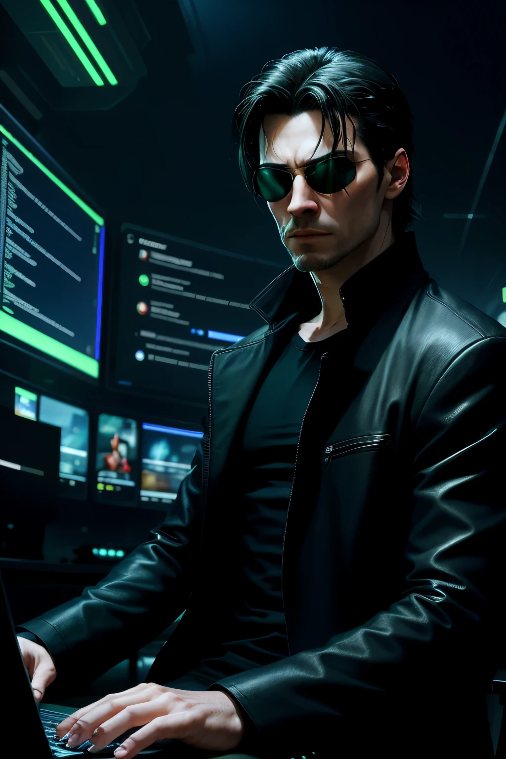A realistic rendering of Neo from "The Matrix" movies, sitting thoughtfully at a modern, sleek computer desk, with multiple high-definition monitors behind him, displaying various social media platforms such as YouTube, TikTok, Instagram, Facebook, and WhatsApp. His focused gaze is on the keyboard and mouse, effortlessly controlling them with unwavering calmness. The ambiance is set with an outer space or cityscape backdrop, symbolizing his journey outside the Matrix, represented by the red pill orbiting around him in the background. Detailed, hyper-realistic, and fotorrealistic, this image is presented in stunning 8K ultra-high definition, with sharp contrast and brilliant lighting