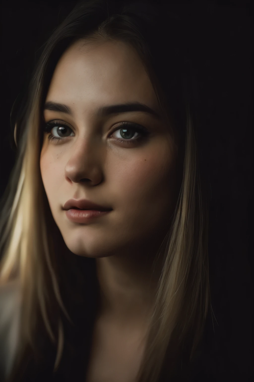 (close-up, editorial photograph of a 21 year old woman), (highly detailed face:1.4) (smile:0.7) (background inside dark, moody, private study:1.3) POV, by lee jeffries, nikon d850, film stock photograph ,4 kodak portra 400 ,camera f1.6 lens ,rich colors ,hyper realistic ,lifelike texture, dramatic lighting , cinestill 800,