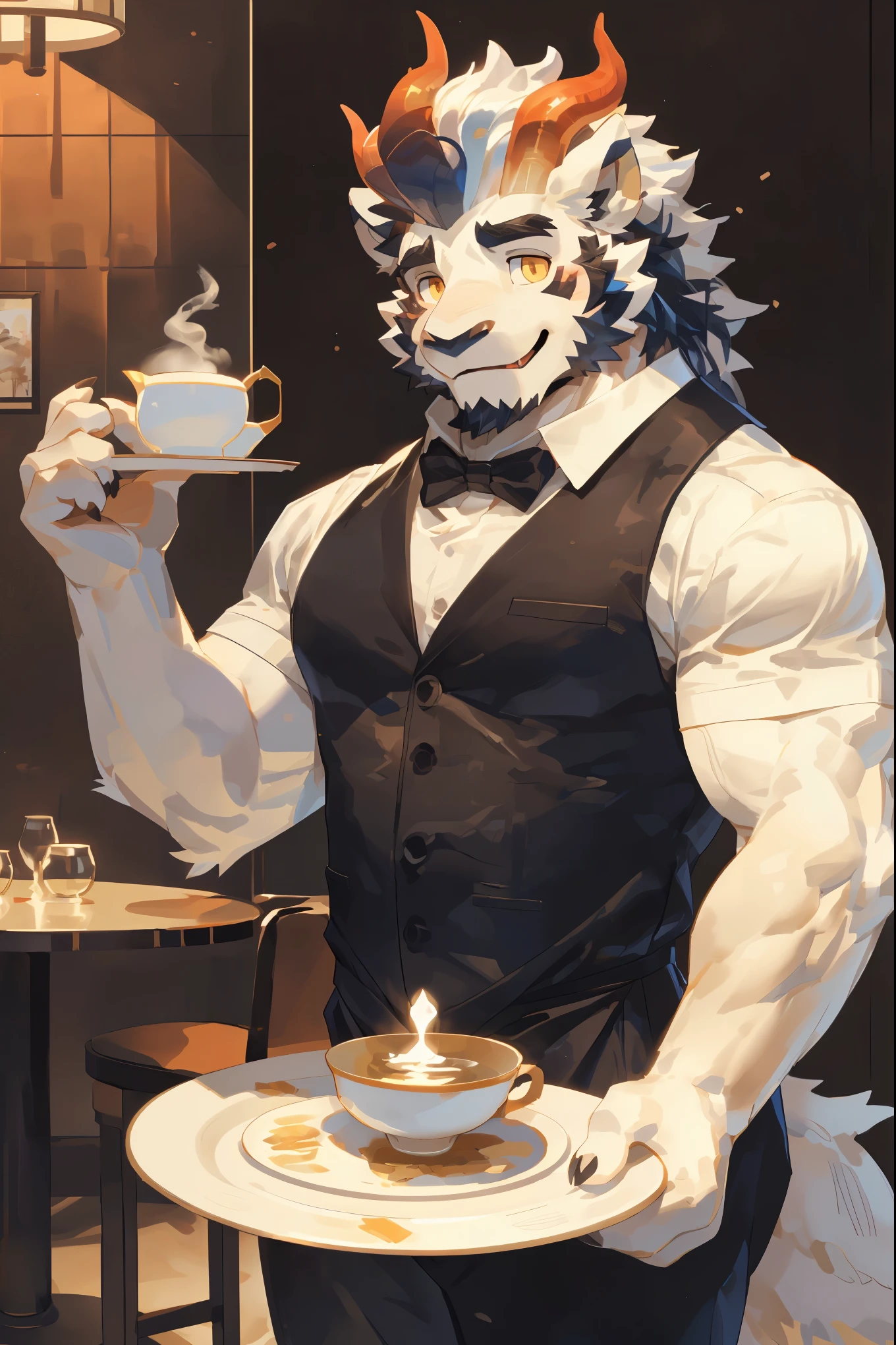 (Kirin:1.5),(waiter clothes:1.5),16k high quality detailed art,(Kirin:1.1), (((white fur:1.8))),(gold white two tone),(Gold and blue different color eyes:1.2),(muscular body:1.2),Handsome,(OK),(perfect face),(joy:1.1),(golden and white skin:1.6),(hot spring background),(Half body特写:1.5),Publaz, (Kirin:1.1), (((white fur:1.8))),Handsome, (OK),Express,(ancient hotel background),(Smiling eyes:1.3),(Kirin tail),不同的Express,(perfect masterpiece),(16k),(abdominal muscles:1.3),(((middle aged:1.4))),(36 years old),alone,(Golden sideburns:1.5),(Golden-bearded:1.3),(black chin:1.3),(black and white face:1),(Very rich facial details:1.3),(Strong),(Half body),(front view),(cg),(HD),(Holding a dinner plate in hand:1.4),(happy expression:1.6),(White lines:1.4),(scales:1.3),(white ears:1.4),(Tea in hand:1.6),(confidence:1.4),(Mighty pose),(Dark skin lines:1.5)