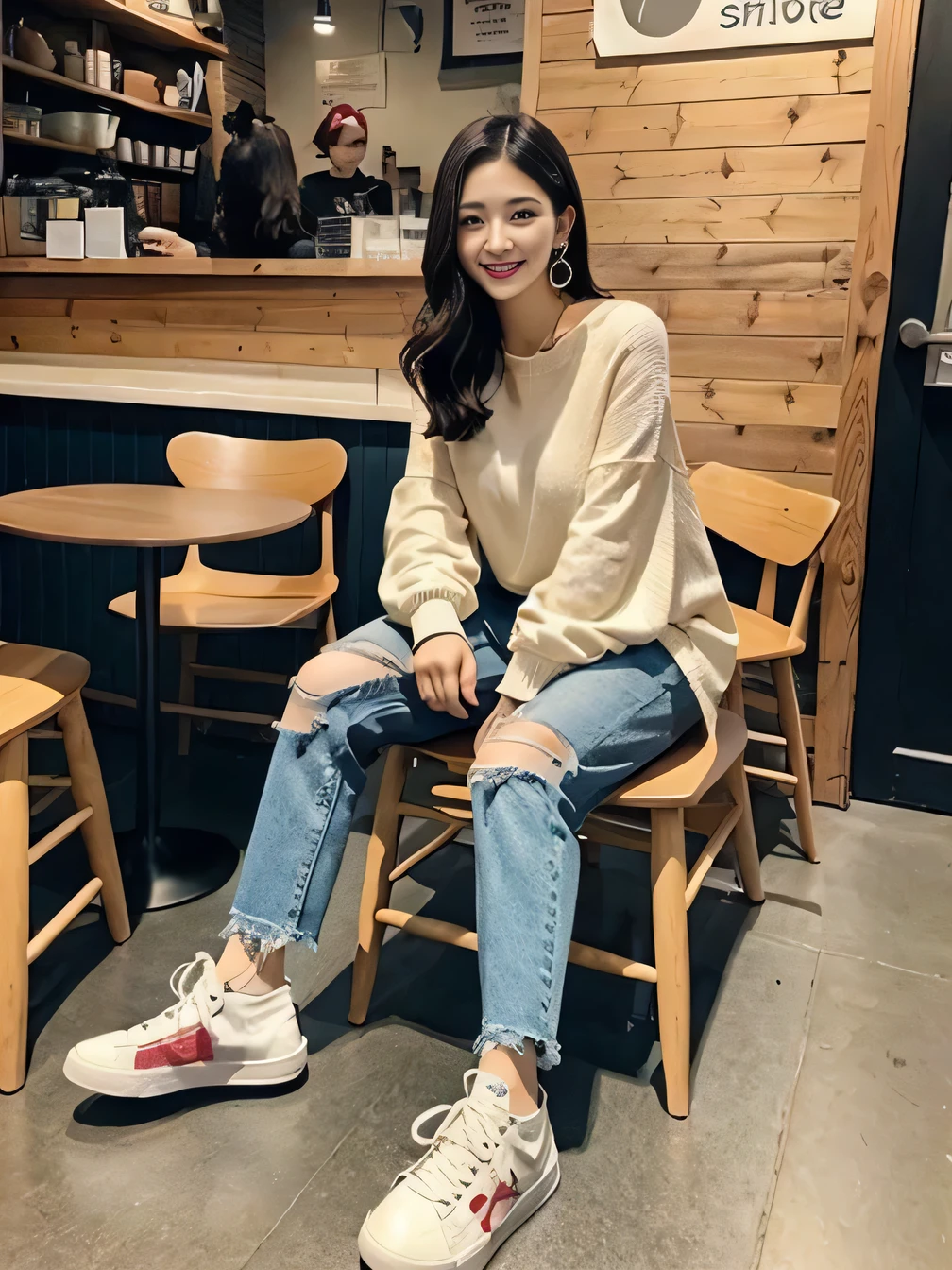 Neat beautiful woman sitting on a chair in a coffee shop、long sleeve blouse、skinny denim、ear piercing、sneakers、take off shoes、Place your shoes next to your feet