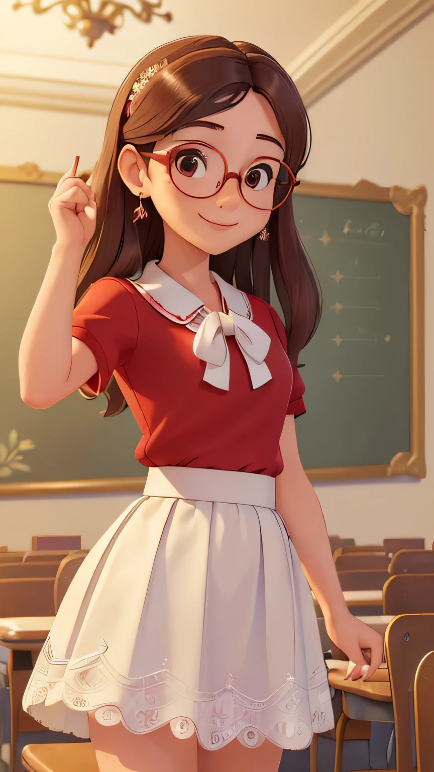 (A :1.3),(Masterpiece, Best quality:1.4), (Beautiful, Aesthetic, Perfect, Delicate, Intricate:1.2),((Best quality)), ((Masterpiece)), (Detailed),(A high resolution:1.2), Classroom, An adult female, Smiling Claudia Chever, Red shirt, White skirt, Glasses, Bend over, angle of view,