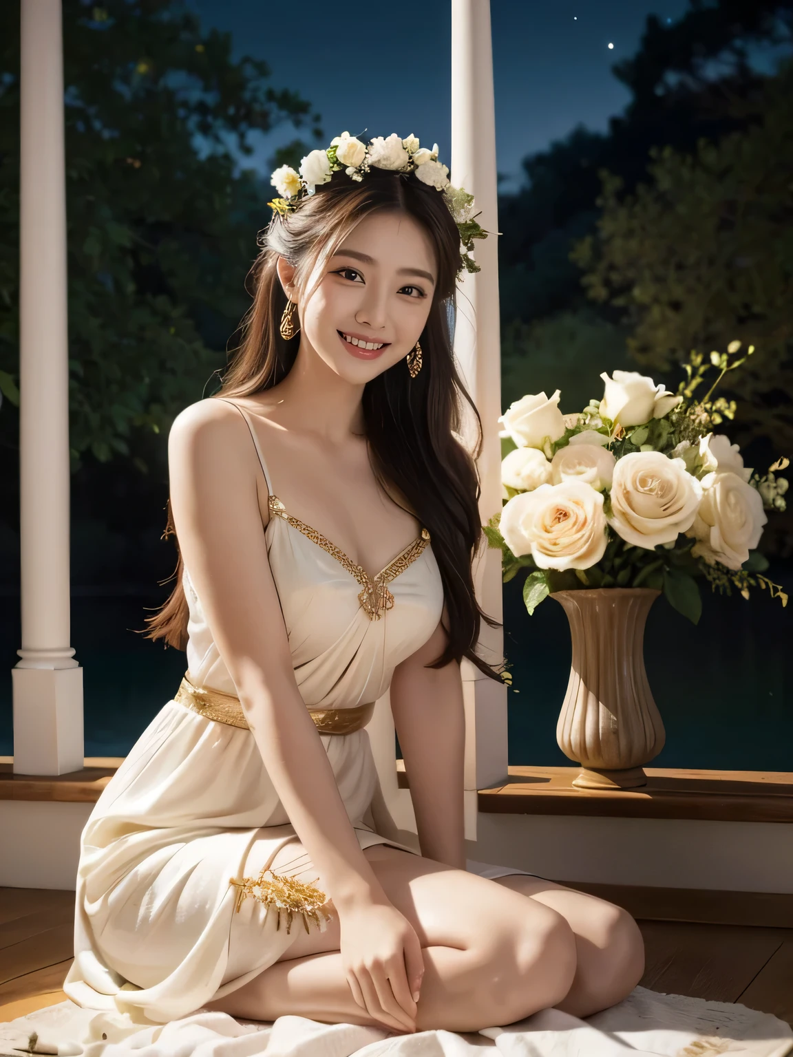 Raffaello Santi painting style,Arguments of two female P、roses in vase、fruits、Cute trinkets、smile、ancient greek costume、Background is a forest lake at night ,A big smile painting style,Arguments of two female P、roses in vase、fruits、Cute trinkets、smile、ancient greek costume、Background is a forest lake at night ,A big smile、beautiful bare skin,