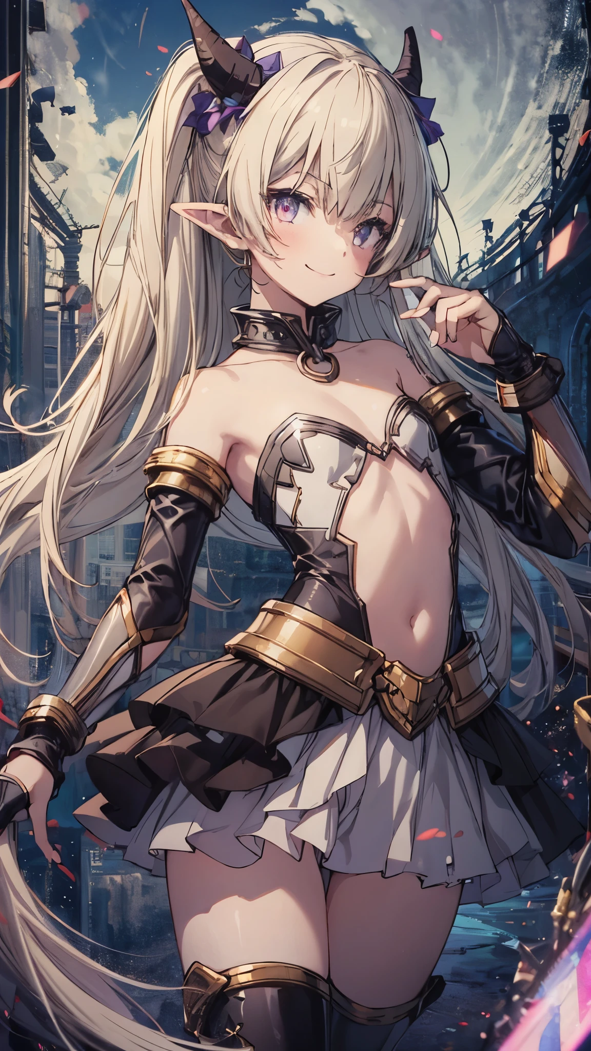 UHD, medium shot, 1girl, Stelle Honkai: star rail, happy Lusty face, light smile, medium breast, another costume, Chain around the waist, white clothes, pantyhose, thigh_boots, legs_apart, standing, looking up, background_(Medieval fantasy)