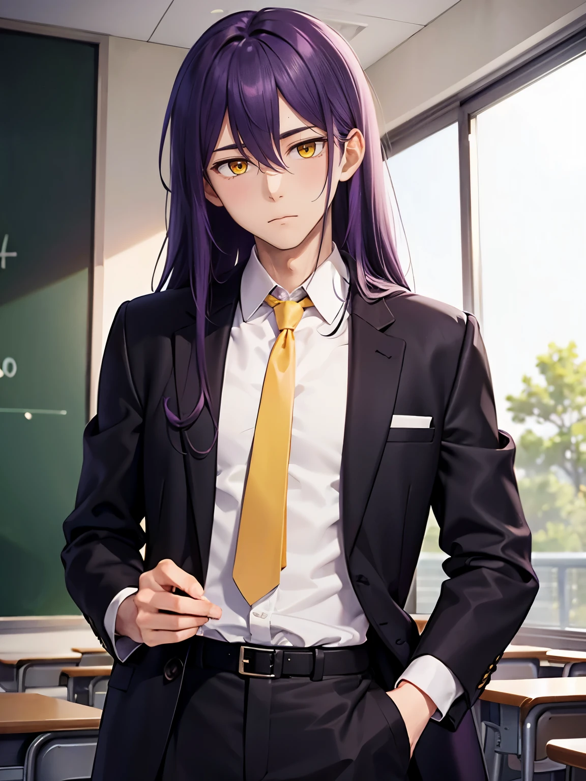 Purple hair, man, tall, dress shirt, dress pants, long hair, yellow eyes, calm face, man, teacher, school, guy, male