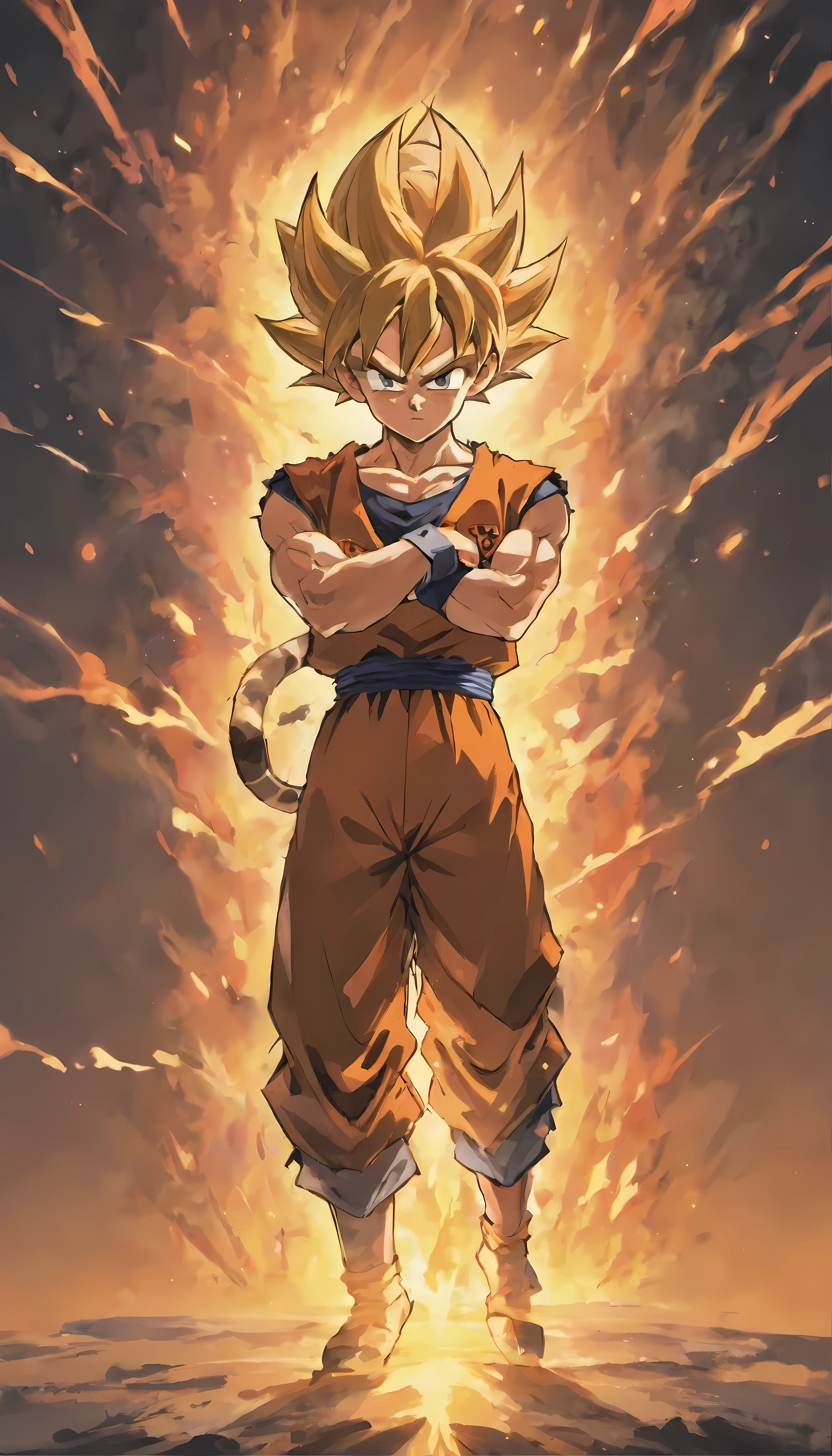 Design a gripping poster featuring Goku "dragon ball" anger中. when he is angry with his enemies,Capturing his burning determination and unyielding nature. Keep it short, bold, and strongly conveys Goku's raw power'anger.