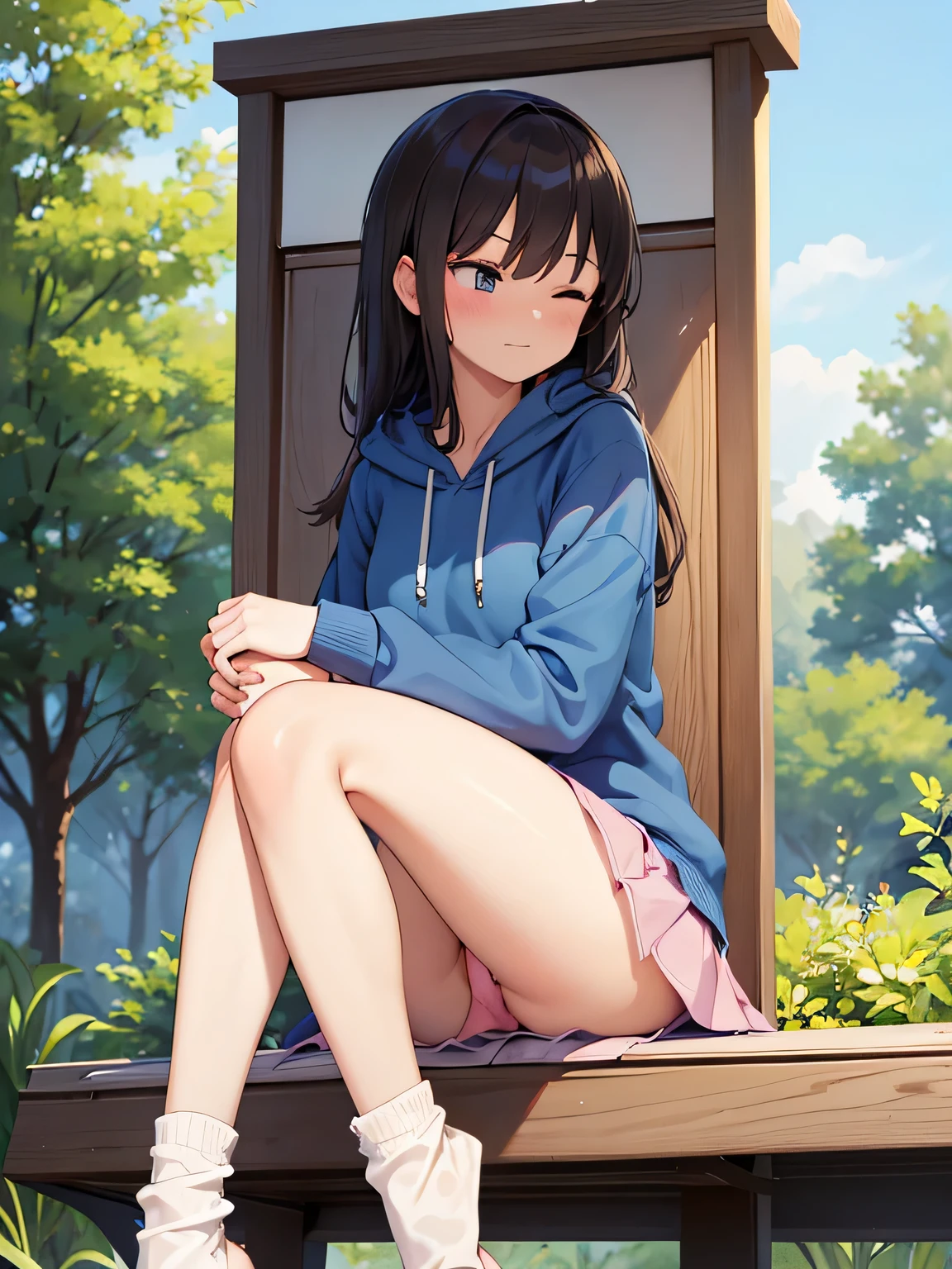 (masterpiece, highest quality, High resolution, realistic pictures, realistic skin:1.1),
(wearing a blue hoodie, loose socks:1.1), 
1 girl, beautiful eyes, shining eyes, brown hair, medium long hair, university student, The place is a park bench, 
(sit with legs closed:2.5),
(Bring your legs together and press your thighs together:1.5),
(sitting on a park bench:1.1), 
(wearing a tight miniskirt:1.1),
(Front view of skirt and pants glimpsed from the upper thigh zone.: 1.5), 
(simple pink cotton panties: 1.5), 
(embarrassed look:1.5),
NSFW