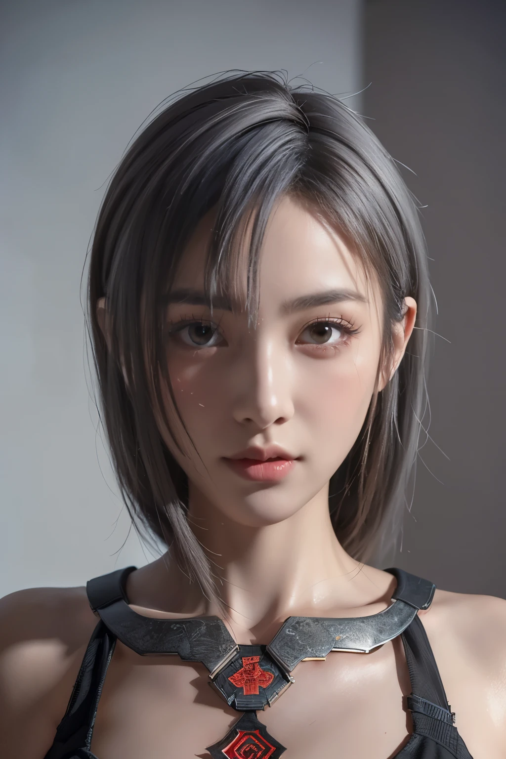 Masterpiece,Game art,The best picture quality,Highest resolution,8K,(Portrait),Unreal Engine 5 rendering works,(Digital Photography),((Portrait Feature:1.5)),
20 year old girl,Short hair details,With long bangs,(The red eye makeup is very meticulous),(With long gray hair:1.4),(Large, full breasts),Elegant and noble,Brave and charming,
(Future armor combined with the characteristics of ancient Chinese armor,Hollow design,Power Armor,The mysterious Eastern runes,A delicate dress pattern,A flash of magic),Warrior of the future,Cyberpunk figures,Background of war,
Movie lights，Ray tracing，Game CG，((3D Unreal Engine))，OC rendering reflection pattern