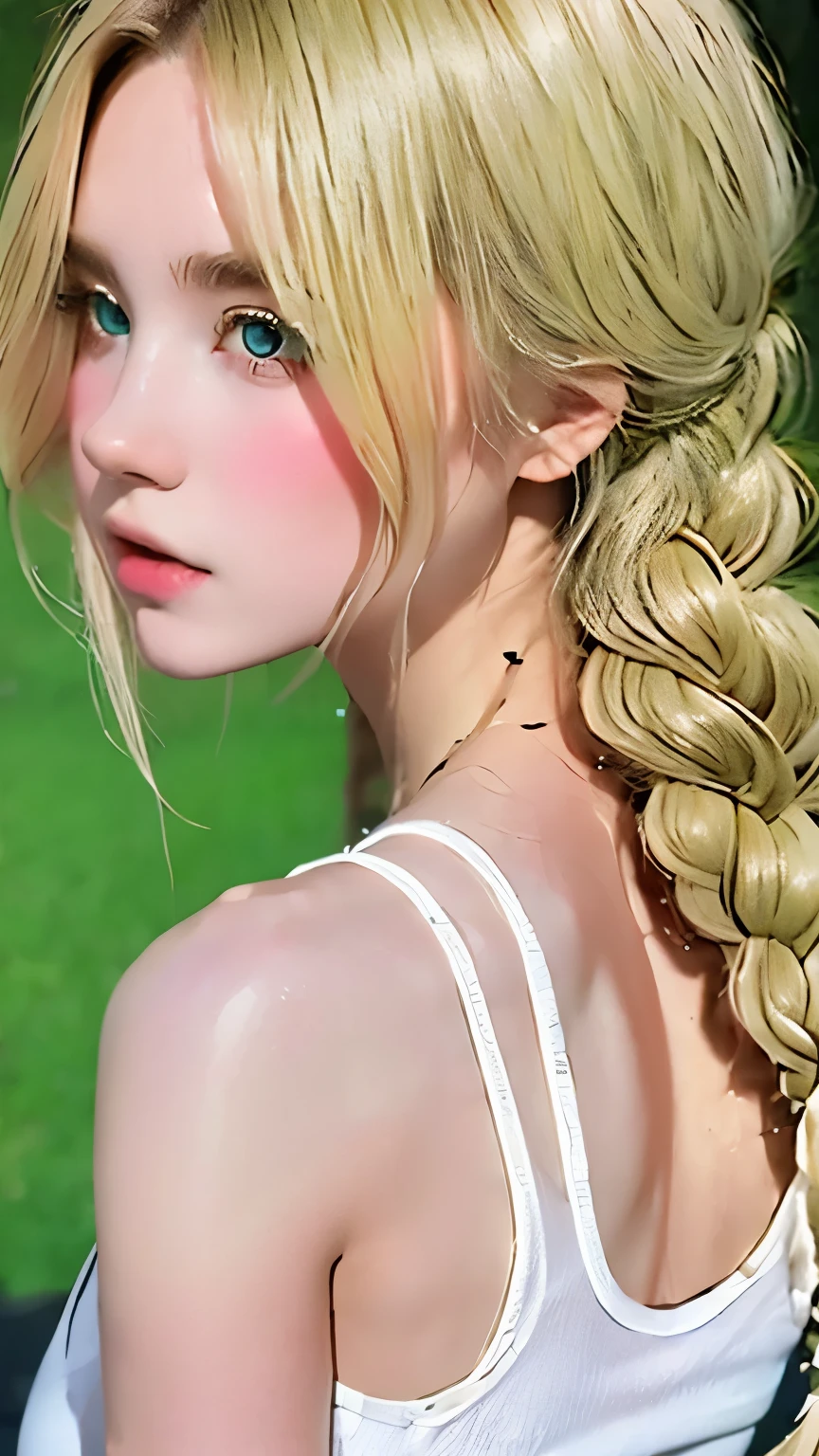 realistic portrait、european young woman、Ash Blonde Girl、loosely tied braids、very realistic face、ultimate beauty、slender body、skin like snow、、attractive ass、Awkward ass、(((White tank top and red T-back)))