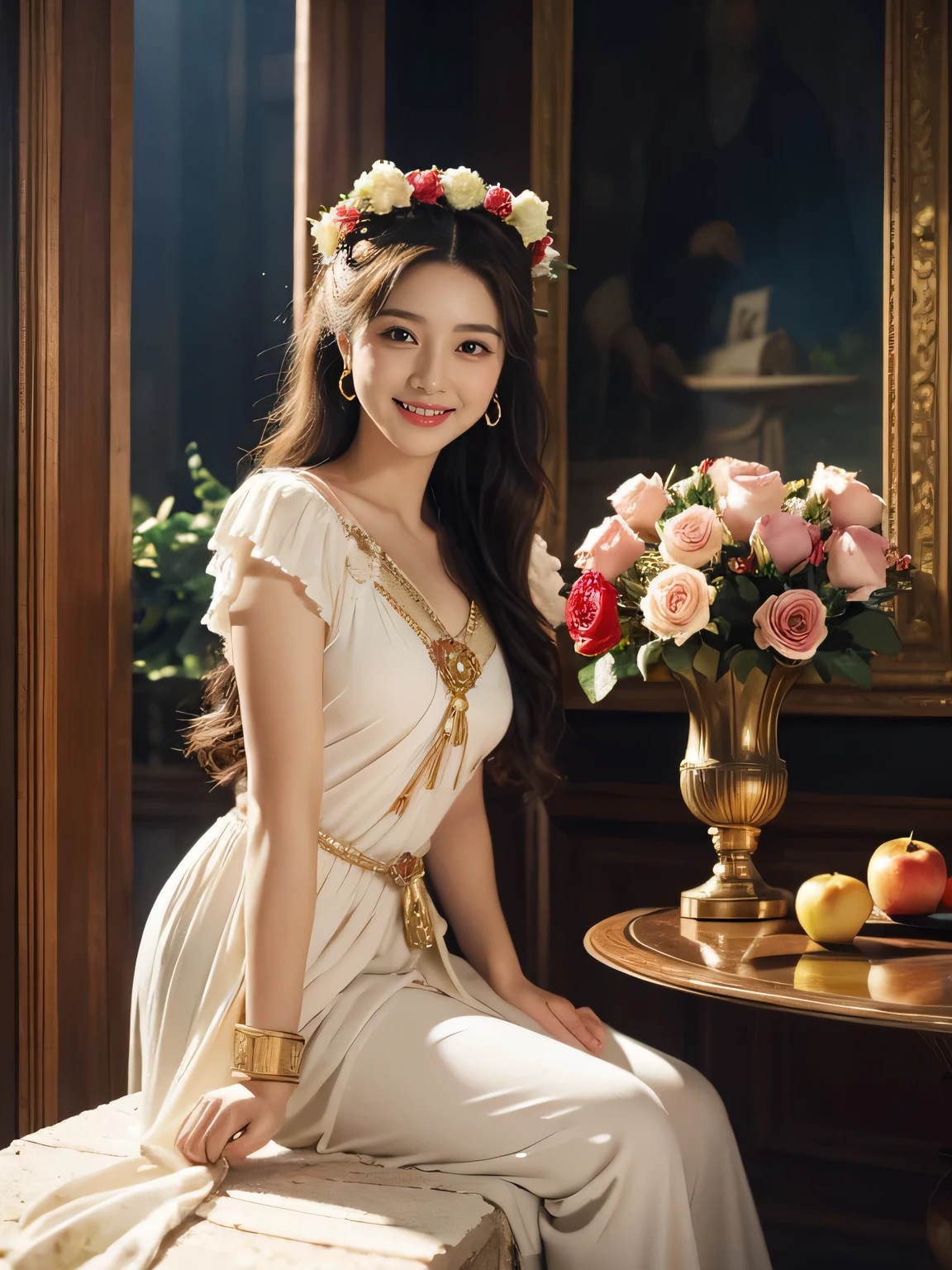 Raffaello Santi painting style,Arguments of two female 、roses in vase、fruits、Cute trinkets、smile、ancient greek costume、Woman standing on ancient Roman ruins ,A big smileare skin,