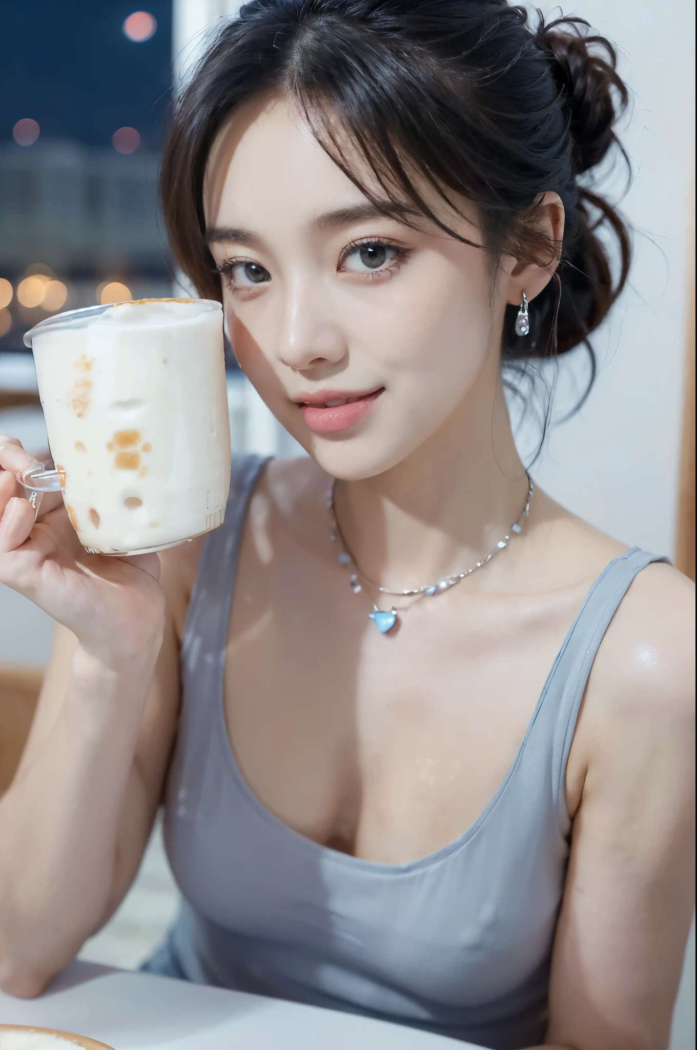 araffe woman in a pink dress holding a glass of wine, sha xi, ruan jia beautiful!, xintong chen, with cute - fine - face, fanart, with a drink, ren heng, soft flawless pale skin, straw, dilraba dilmurat, ig model | artgerm, pale glowing skin, cgcosiety, masterpiece, 8k, cleavage, big boobs, bust detail, hair detail, eye detail