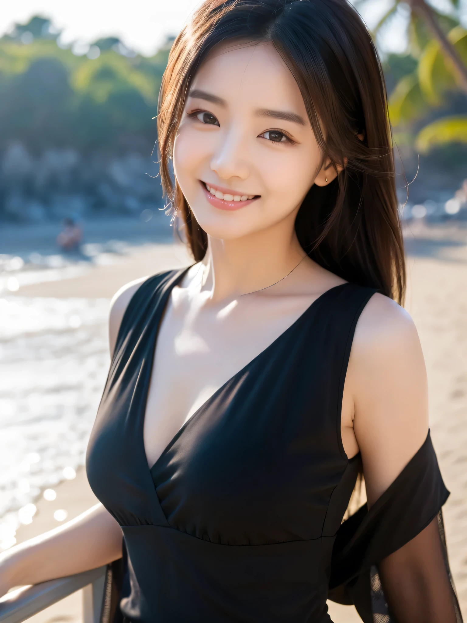 1 Attractive、((highest quality、8K masterpiece:1.3))、sharp focus:1.2、(super beautiful face:1.0)、(shiny skin:1.0)、realistic pictures、black haired、black eyse、video writing、High resolution eyes and face、video writing、(cute korean actress)、from the front、beautiful breasts、smile、The beauty of slender abs、whole body、Wearing a see-through T-shirt、on the beach at night