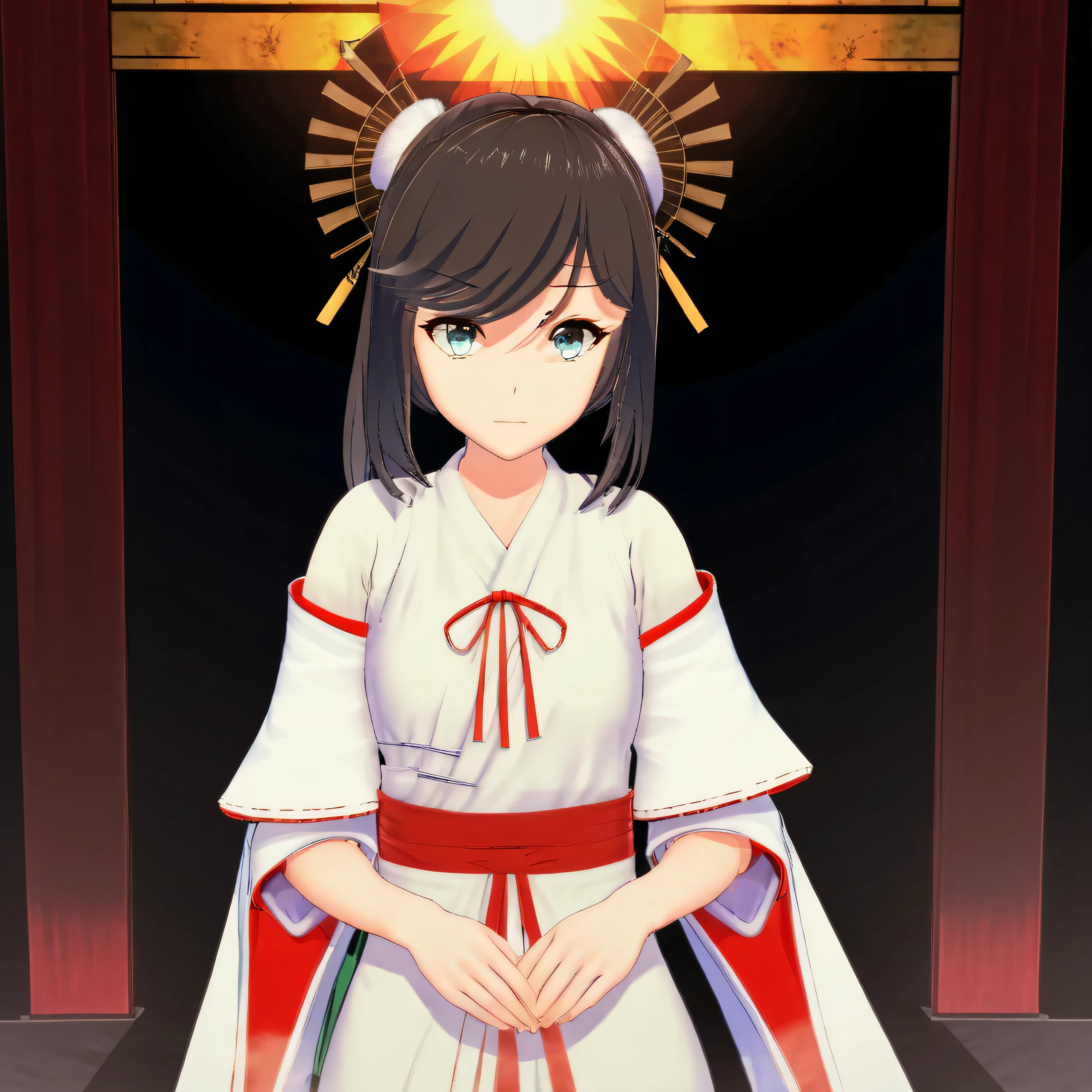 A girl, anime style, dressed as a Japanese priestess, looking at the viewer.