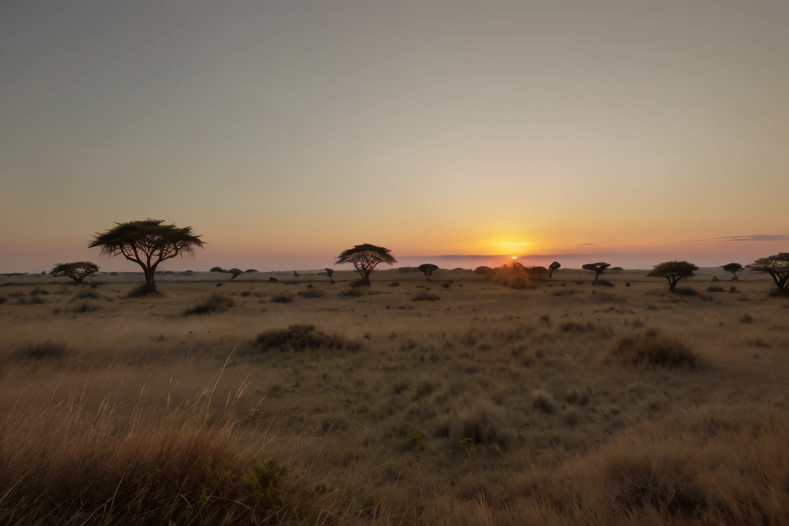 Sunrise in a savanna or grassland