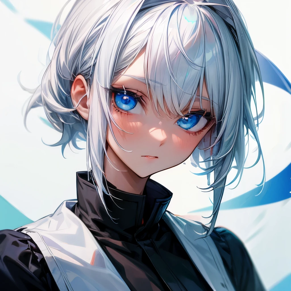 Blue eyes, white hair, white eyebrows, white eyelashes 