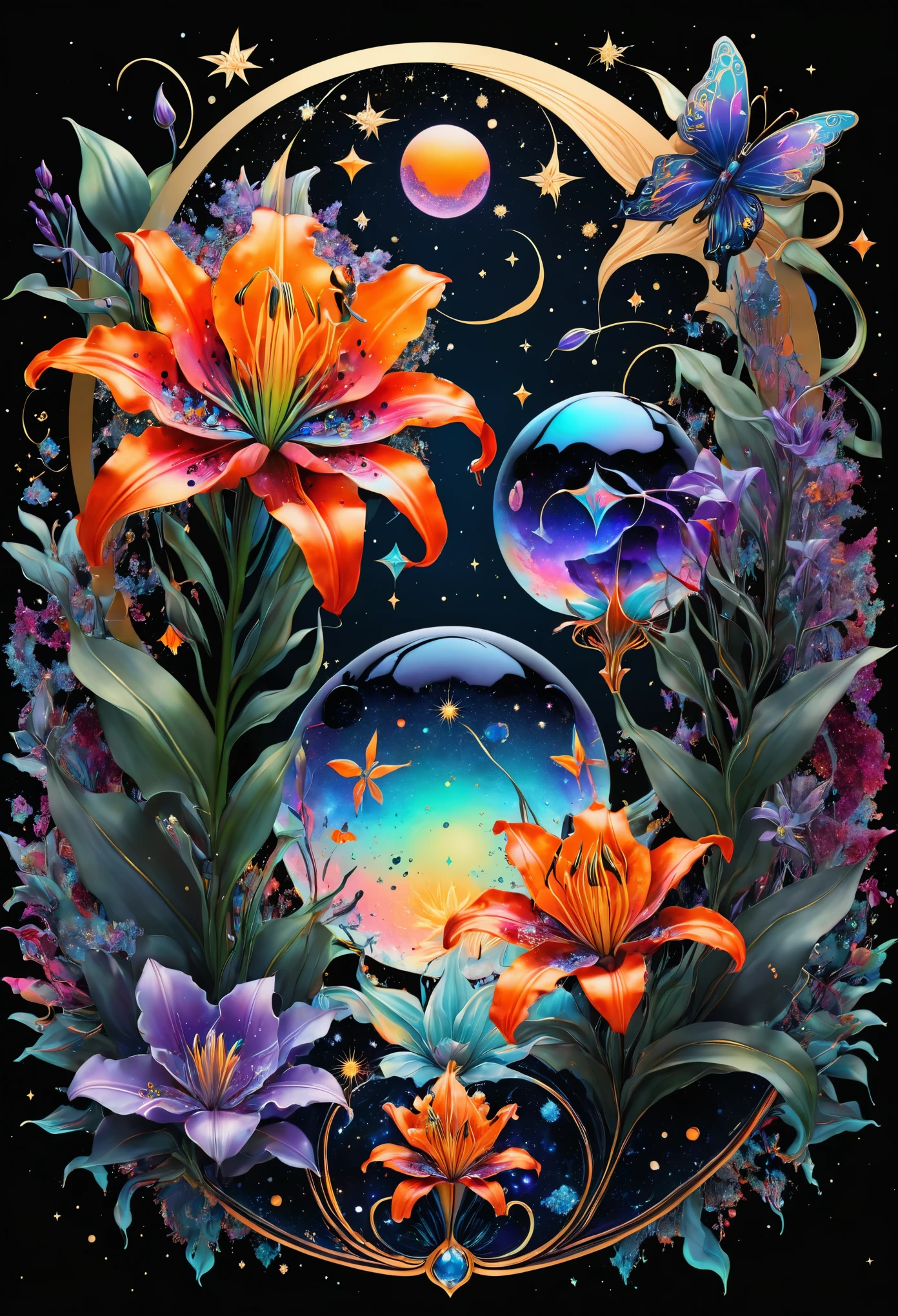 a deep black cosmic backdropStars Planets Suns and Moons Colorful Paint Splash Cute glitter vector graphic design featuring intricate and complex symbols with the ethereal beauty of a celestial palace known as the Galactic Citadel, bathed in brilliant light.The Neon Bioluminescent colors Cosmic Black, icy Red,14 kt solid Gold color. Create a fusion of These symbols,Fiery pink roses, bioluminescent neon blue, orange green lilies, fiery bioluminescent Red rubies, purple and white diamonds with lots of violet sapphires and emeralds butterflies and bees--ar 16:9 --style raw --stylize 400
***********************************************************************