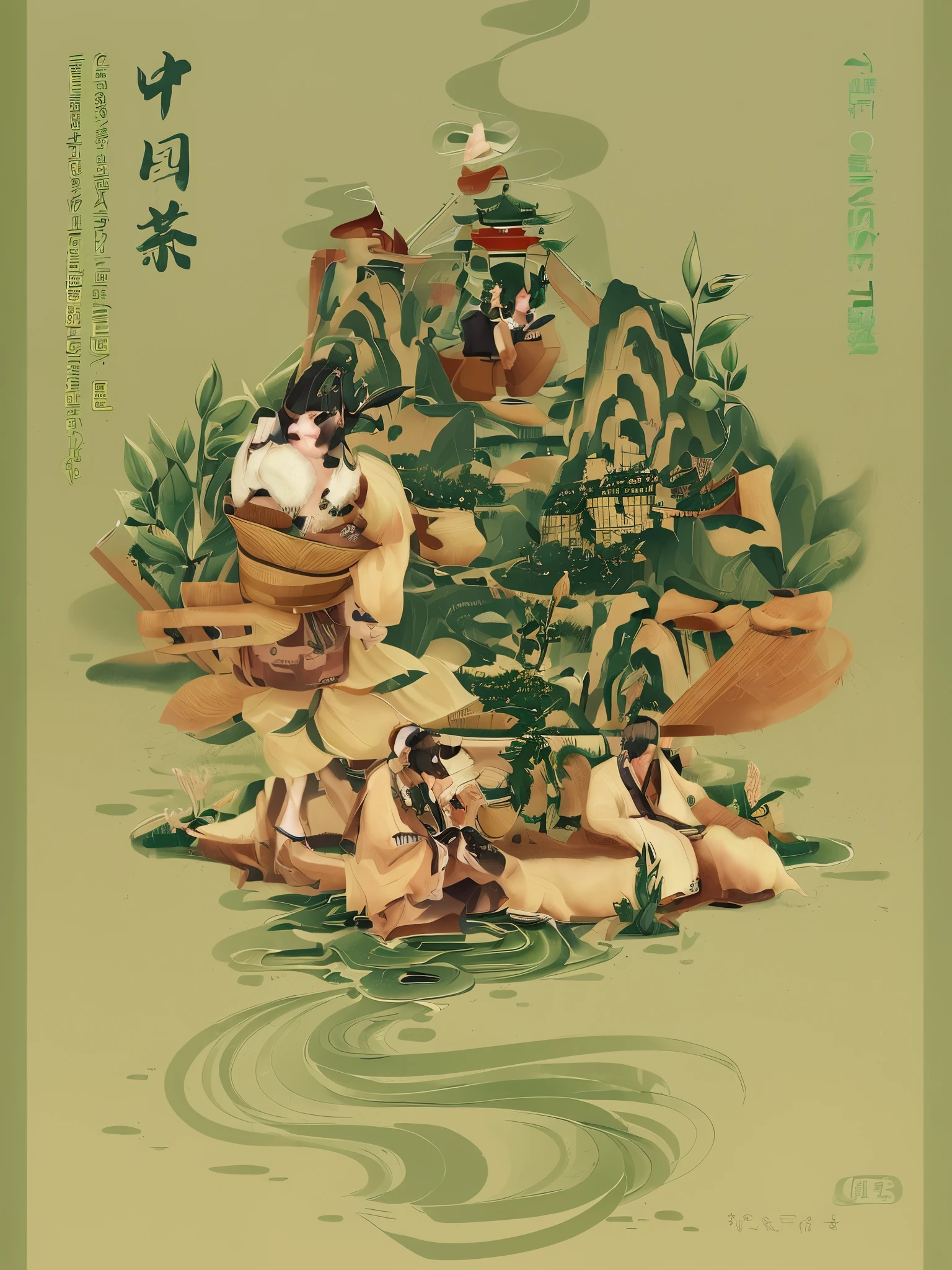 The rolling Tongbai Mountains,shrouded in mist,Tea farmers wear local costumes,Wearing a bamboo hat,Holding a bamboo basket or cloth bag,Skillfully picking green tea buds。Bamboo basket or cloth bag with Tongbai Mountain Tea logo printed on it,Highlight the brand image。