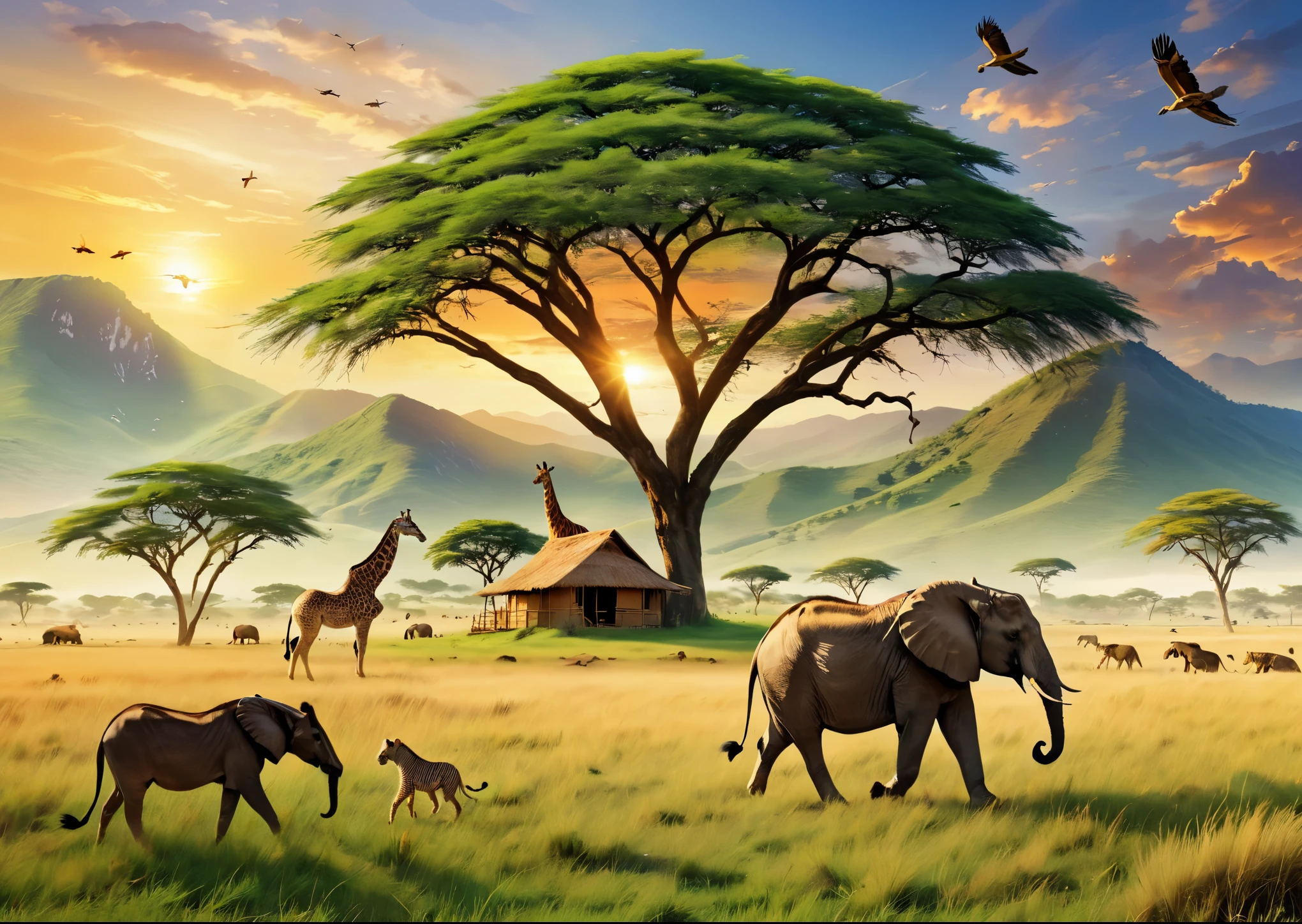 Animals playing in the wide grassland、animal paradise、giraffe、lion、Cheetah、Antelope、zebra、an eagle is flying in the sky、elephant、I can see some green trees、I can see the hut、sunset、A small mountain range in the distance、High color rendering、high detail、Like the photo