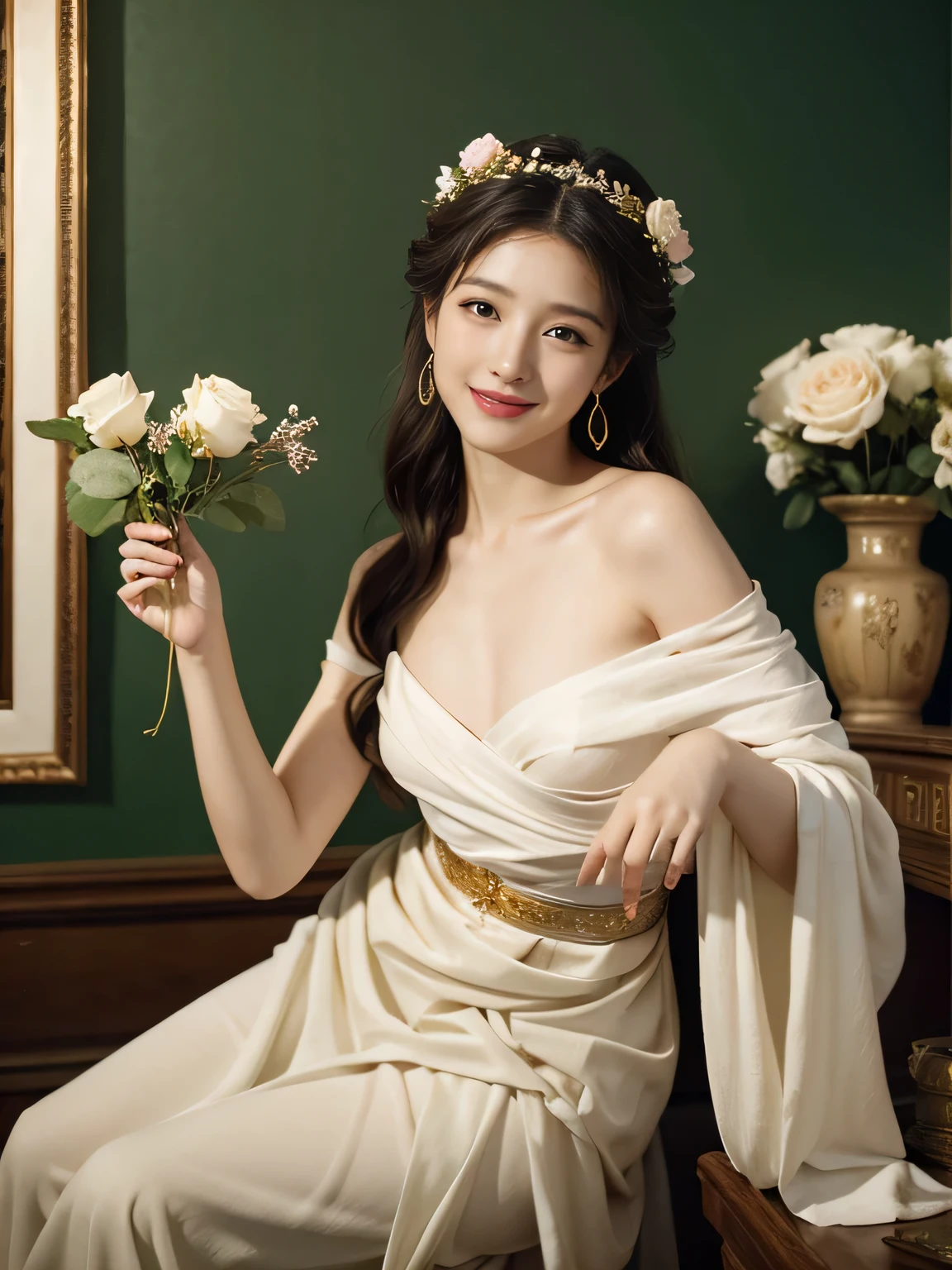 Giorgione painting style,roses in vase、fruits、Cute trinkets、smile、ancient greek costume,beautiful bare skin,Woman singing with sheet music
