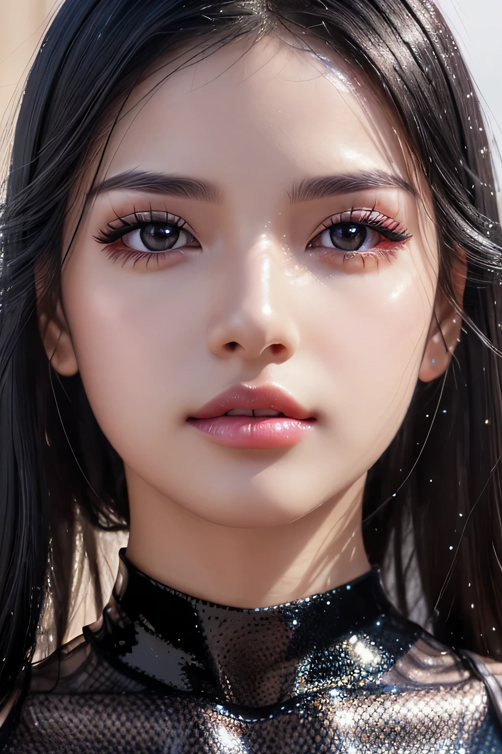 8k, RAW photo, realistic: 1.25), (lip gloss, eyelash, shiny face, Glossy skin, highest quality, ultra high resolution, Depth of written boundary, chromatic aberration, caustics, moist lips, Super cropped face, sparkling little eyes, black hair, semi-long, Snazzy, tight knit dress, Sheer