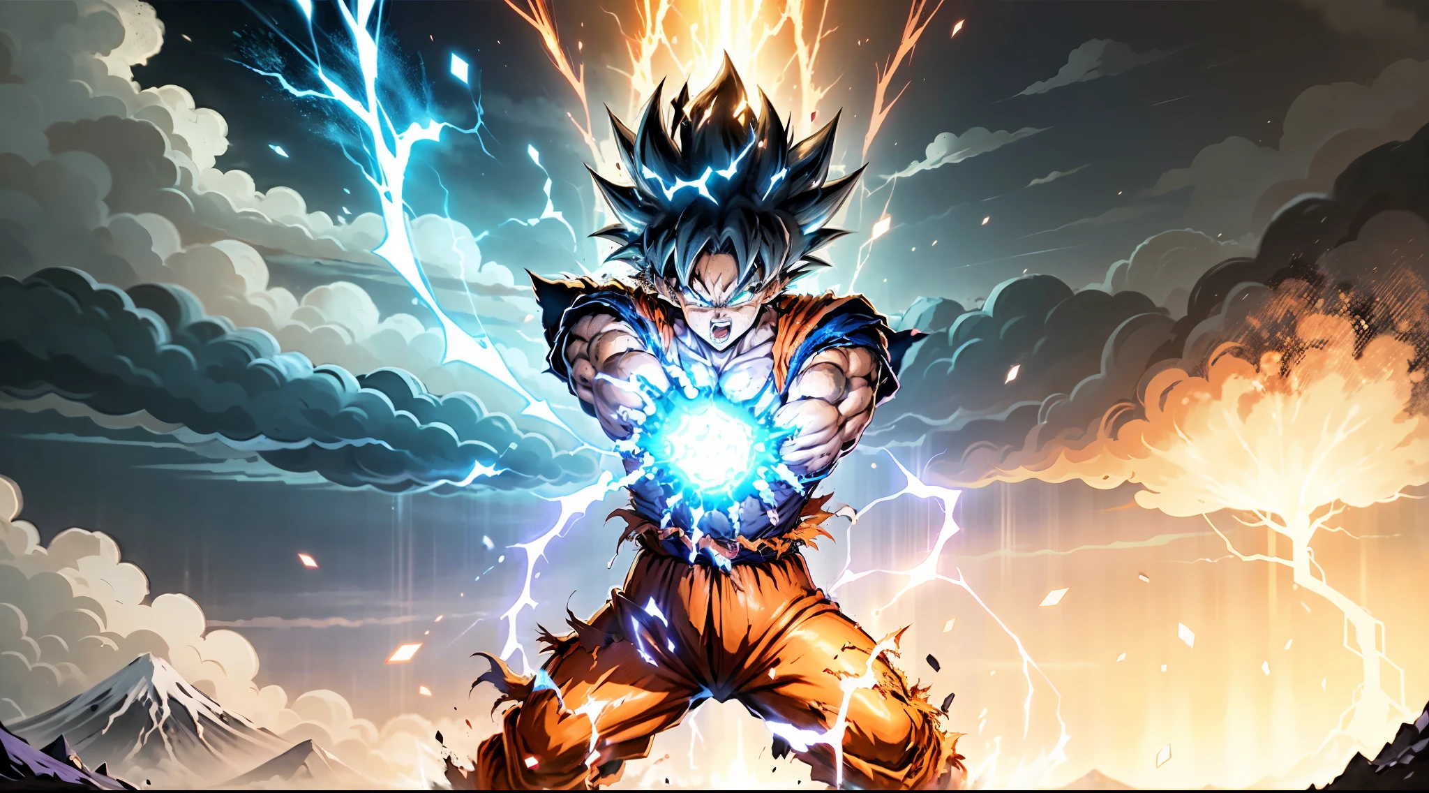 Super Saiyan Goku releases a huge energy wave while standing on the top of a mountain, Surrounded by lush greenery, The sky is a mix of orange and purple hues. The energy waves are bright blue,There are electric sparks around. (Japanese cartoons:1.2), (dramatic lighting:1.1), (bright colors:1.3), (cell shadow:1.1), (dynamic composition:1.2)