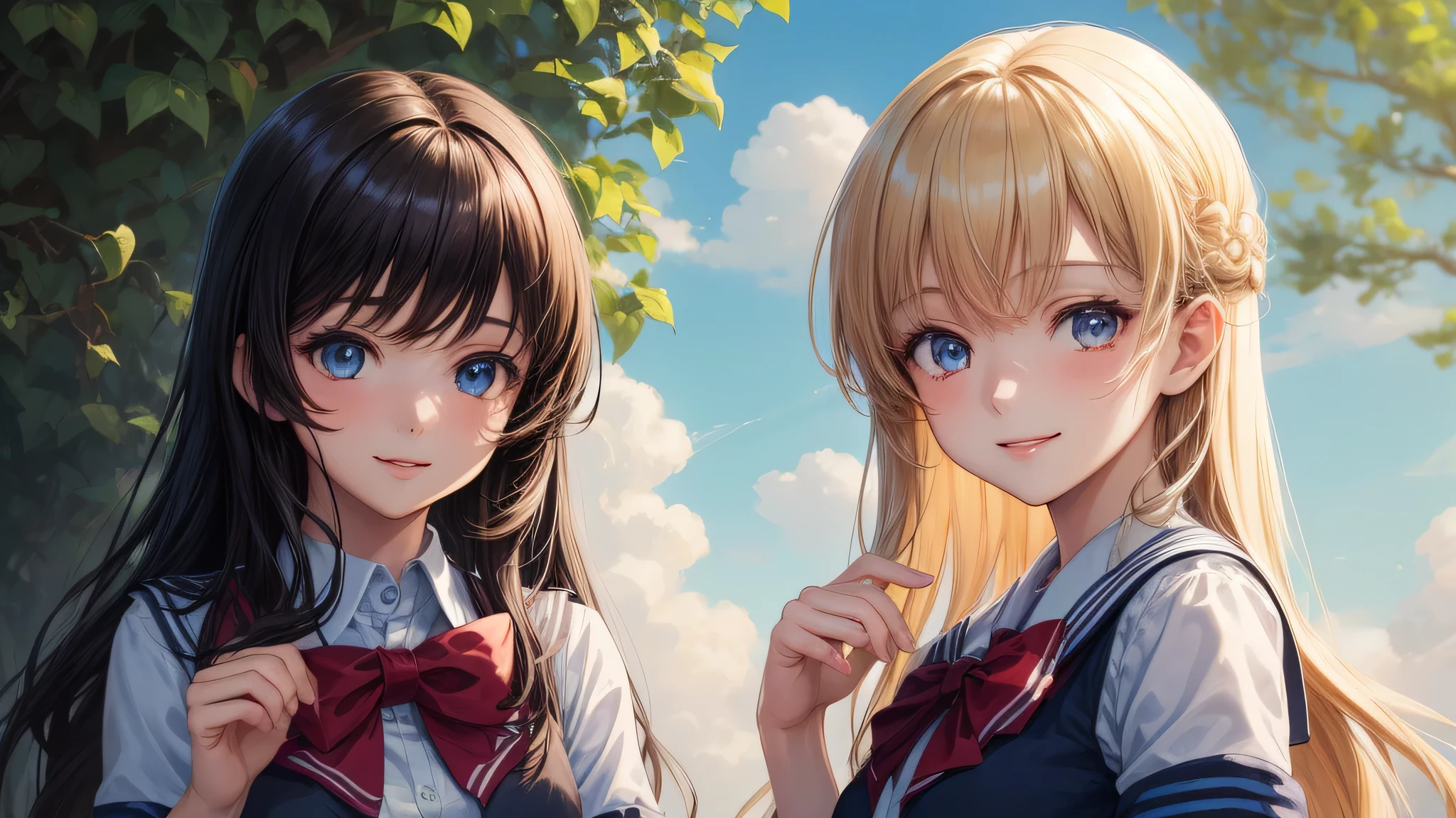 (2 girls:1.2), beautiful girl, shining smile, air bangs, (school uniform, mini skirt:1.2), (highest quality: 1.4), (Super detailed), (highest quality:1.4), (super detailed), Day光, The schoolyard is full of greenery,  outdoors, Sunny, cloud, Day,  blue sky, (anime illustration), very high resolution, (Upper body), close up face