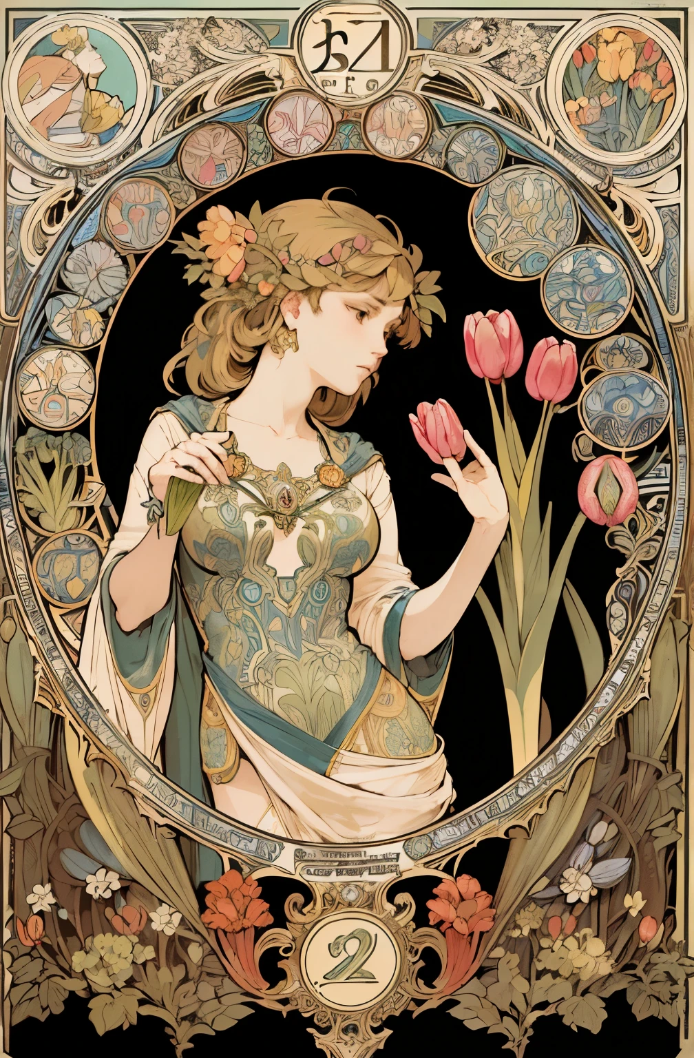 goddess of tulips、((Less skin exposed;1.7))、((look outside the camera))、botanical relief、Detailed design featuring tulips and bulbs、((Design that incorporates the plant tulip:1.5))、detailed flower decoration、Portrait of European woman face , Long Mucha style flowing hair, blonde, flower frame, decorative panel, abstract artistic, By Alphonse Mucha, (masterpiece, highest quality, High resolution:1.4), be familiar with, intricate details, 4k, splash of color, line drawing, fibonacci, Paintings in the style of Alphonse Mucha、Colorful overall