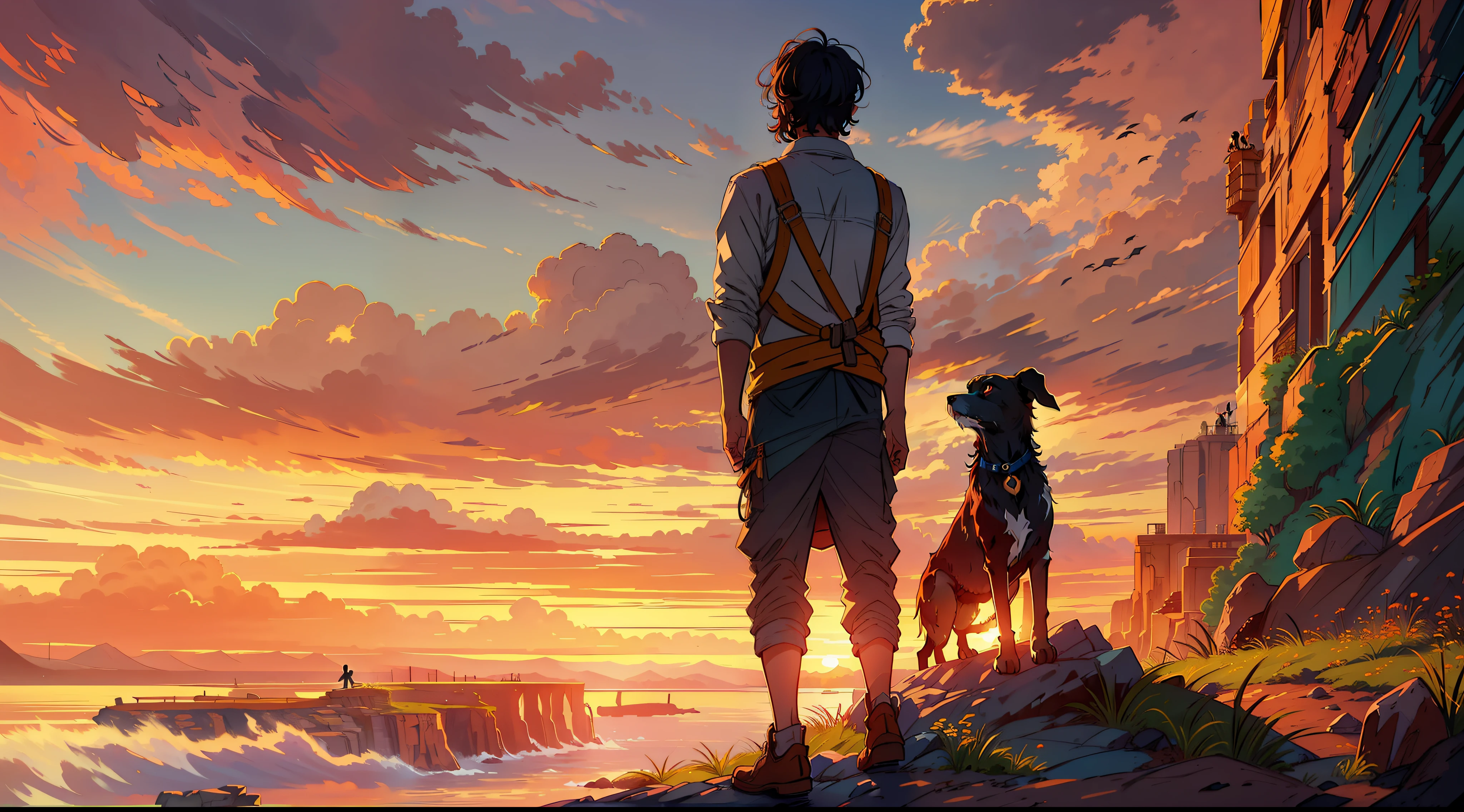 A picturesque scene of Vikram the bearded boy and Zara the dog standing on a cliff edge, overlooking a breathtakingly beautiful sunset, representing the newfound bond they share and the awe-inspiring moments they experience together.