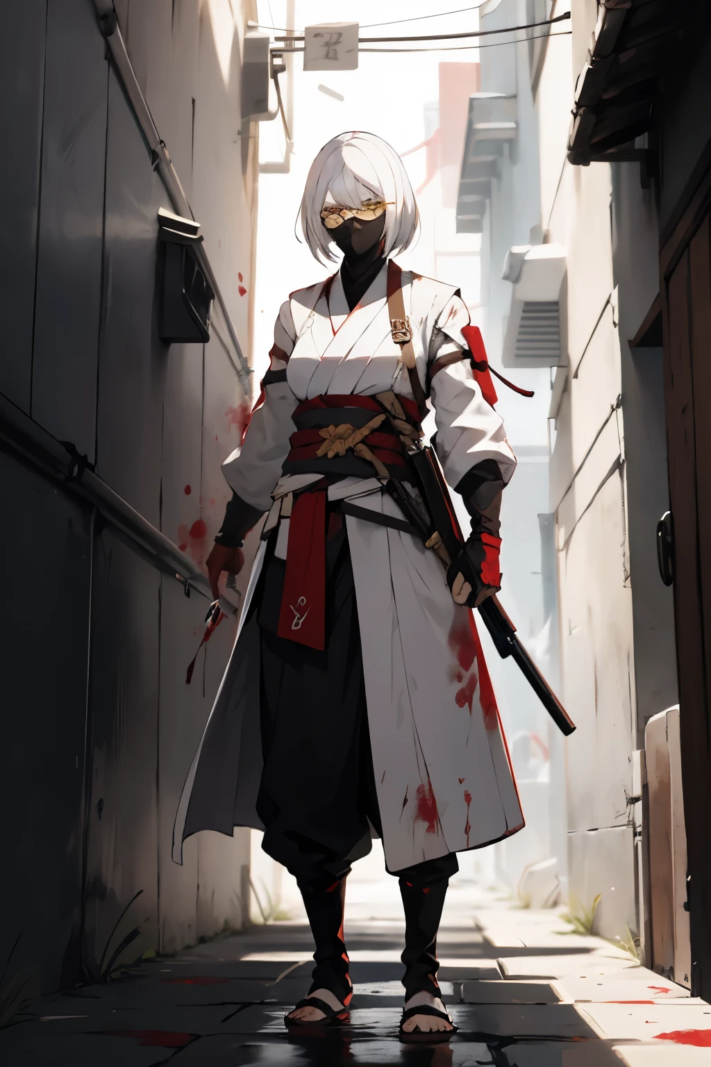 A white-haired woman with a serious face stood holding a gun against a wall in an alley, wearing a blood-stained white ninja outfit and round yellow-lensed glasses on her head, showing half of her body.
