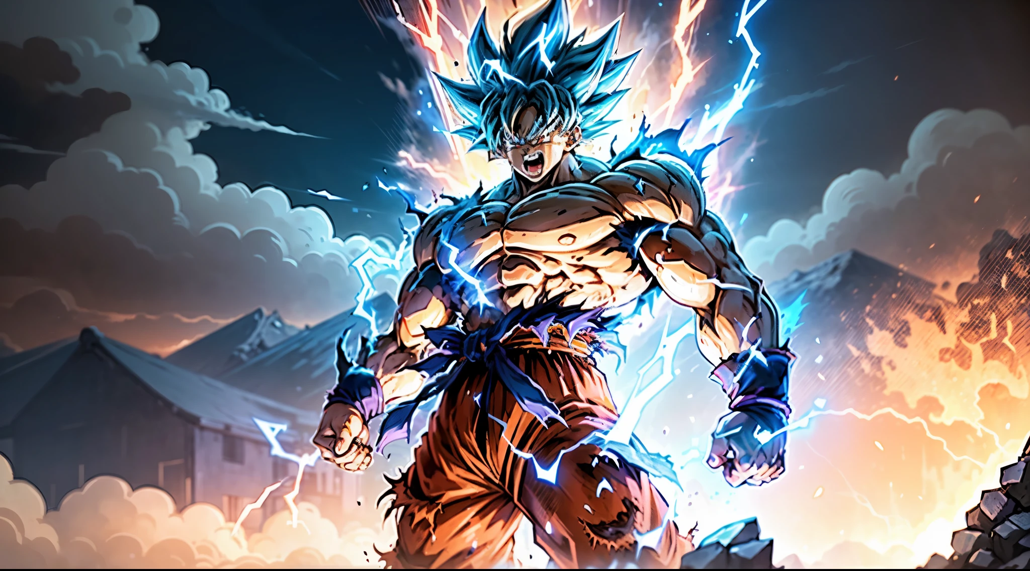 Super Saiyan Goku releases a huge energy wave while standing on the top of a mountain, Surrounded by lush greenery, The sky is a mix of orange and purple hues. The energy waves are bright blue，There are electric sparks around. (Japanese cartoons:1.2), (dramatic lighting:1.1), (bright colors:1.3), (cell shadow:1.1), (dynamic composition:1.2)
