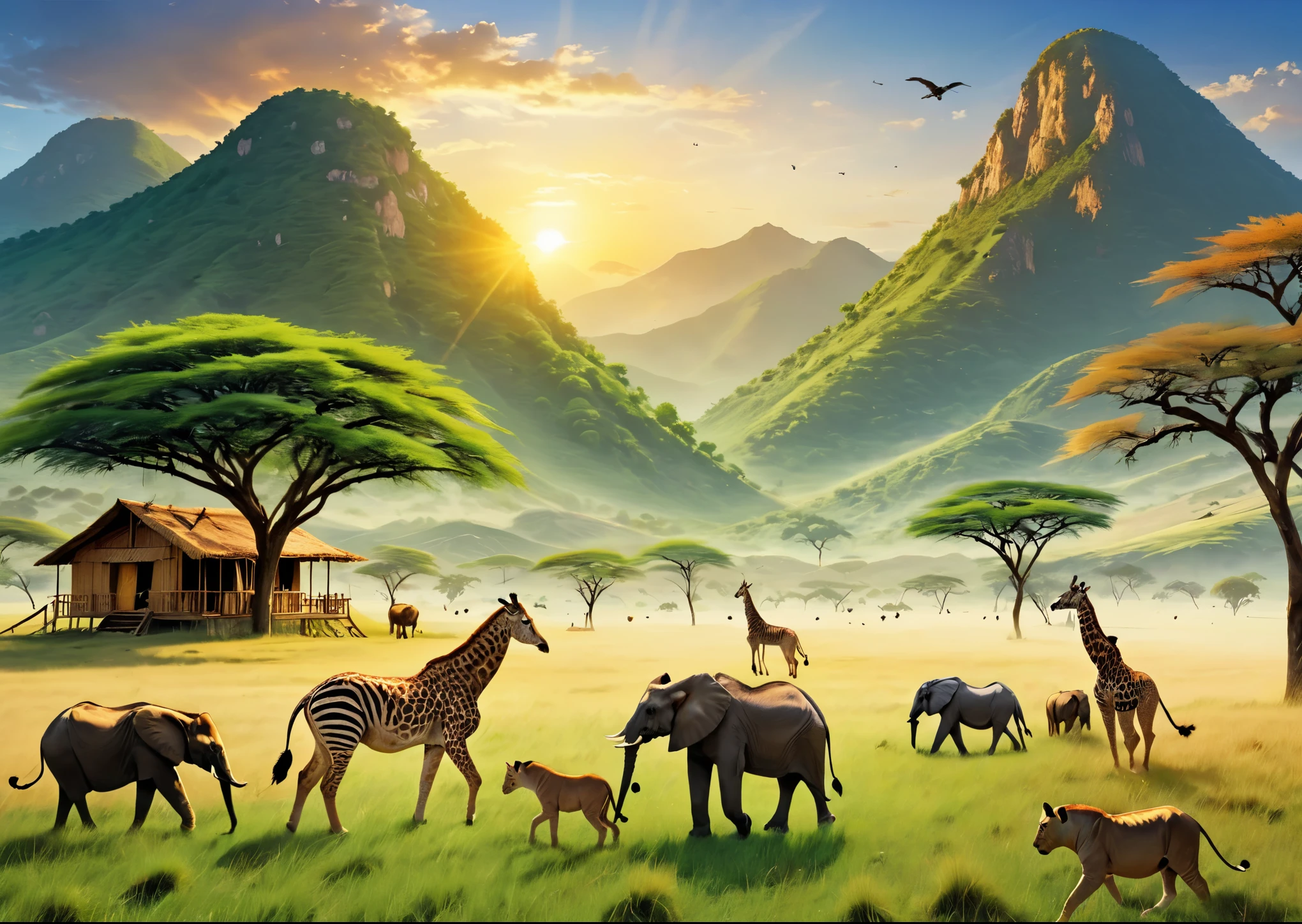 Animals playing in the wide grassland、animal paradise、giraffe、lion、Cheetah、Antelope、zebra、an eagle is flying in the sky、elephant、I can see some green trees、I can see the hut、sunset、A small mountain range in the distance、High color rendering、high detail、Like the photo