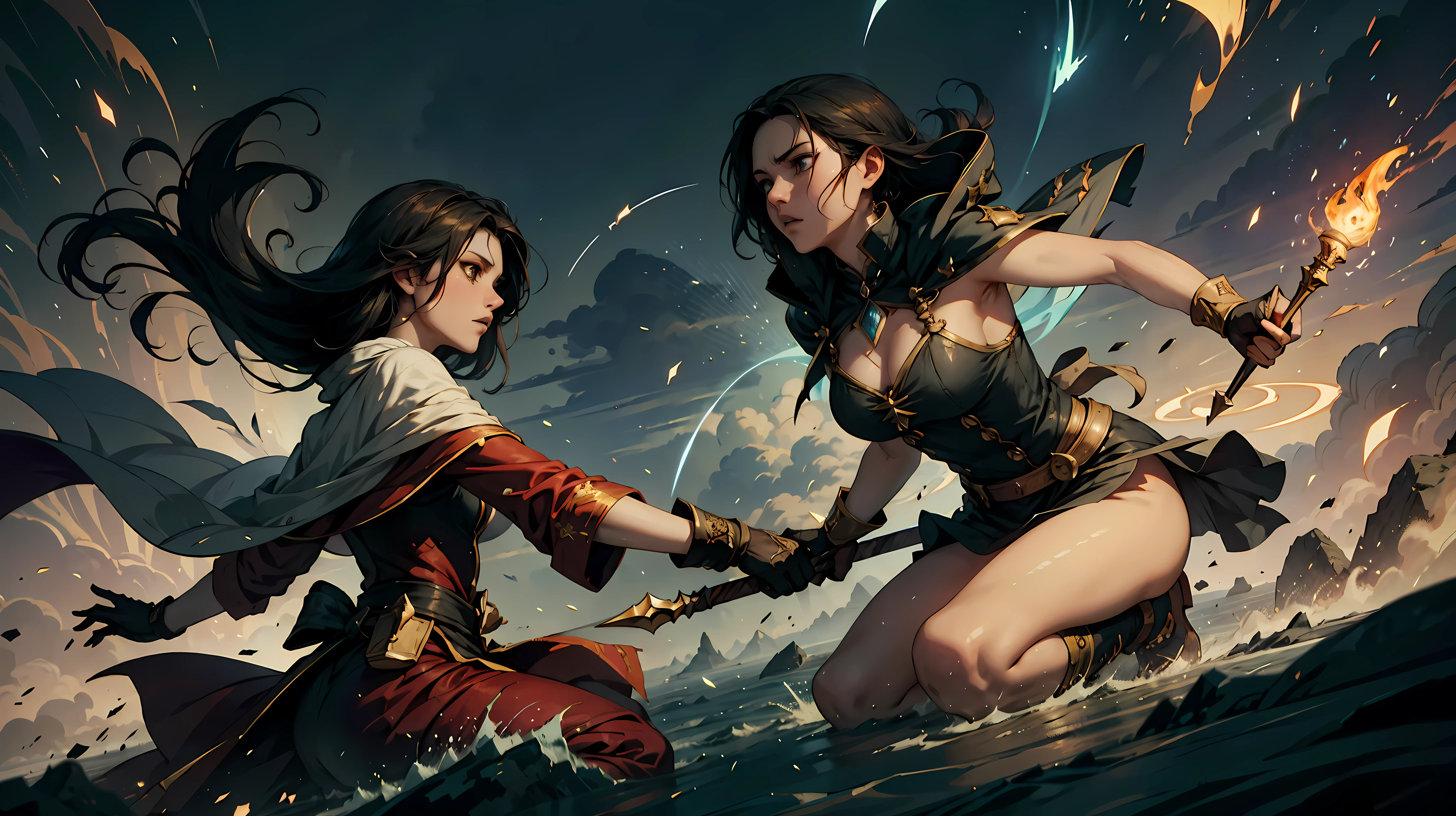 Title: "Epic Spell Duel: Final Showdown"

Prompt:

1. Transport viewers to a climactic anime scene, where two formidable female mages face off in a spellbinding final showdown.

2. Envision the mages wearing specialized magical hand gloves, imbued with ancient enchantments to amplify their spellcasting prowess.

3. Craft the scene with the distinct aesthetic of Stable Diffusion 1.5, emphasizing smooth transitions and fluid animations to enhance immersion.

4. Define the characters: one mage adorned in flowing robes with intricate magical motifs, the other in sleek attire adorned with pulsating runes on her gloves.

5. Illustrate the mages' movements with precision and grace, each gesture unleashing torrents of arcane energy in the air.

6. Illuminate the battlefield with dynamic lighting effects, casting dramatic shadows and highlights to heighten the intensity of the confrontation.

7. Introduce environmental elements such as swirling vortexes and crackling energy fields, adding depth and complexity to the magical ambiance.

8. Convey the fierce determination in the mages' expressions as they unleash devastating spells upon each other, their eyes ablaze with unyielding resolve.

9. Showcase the versatility of the magical gloves, as the mages weave intricate spells ranging from elemental blasts to ethereal shields.

10. Capture the ebb and flow of the battle with dynamic camera angles, drawing viewers into the heart of the spell duel.

11. Ensure every frame is meticulously detailed, from the ornate designs of the magical gloves to the mesmerizing patterns of the arcane energy.

12. Optimize the animation for Stable Diffusion 1.5, ensuring the highest quality and visual fidelity to deliver an unforgettable final showdown scene.